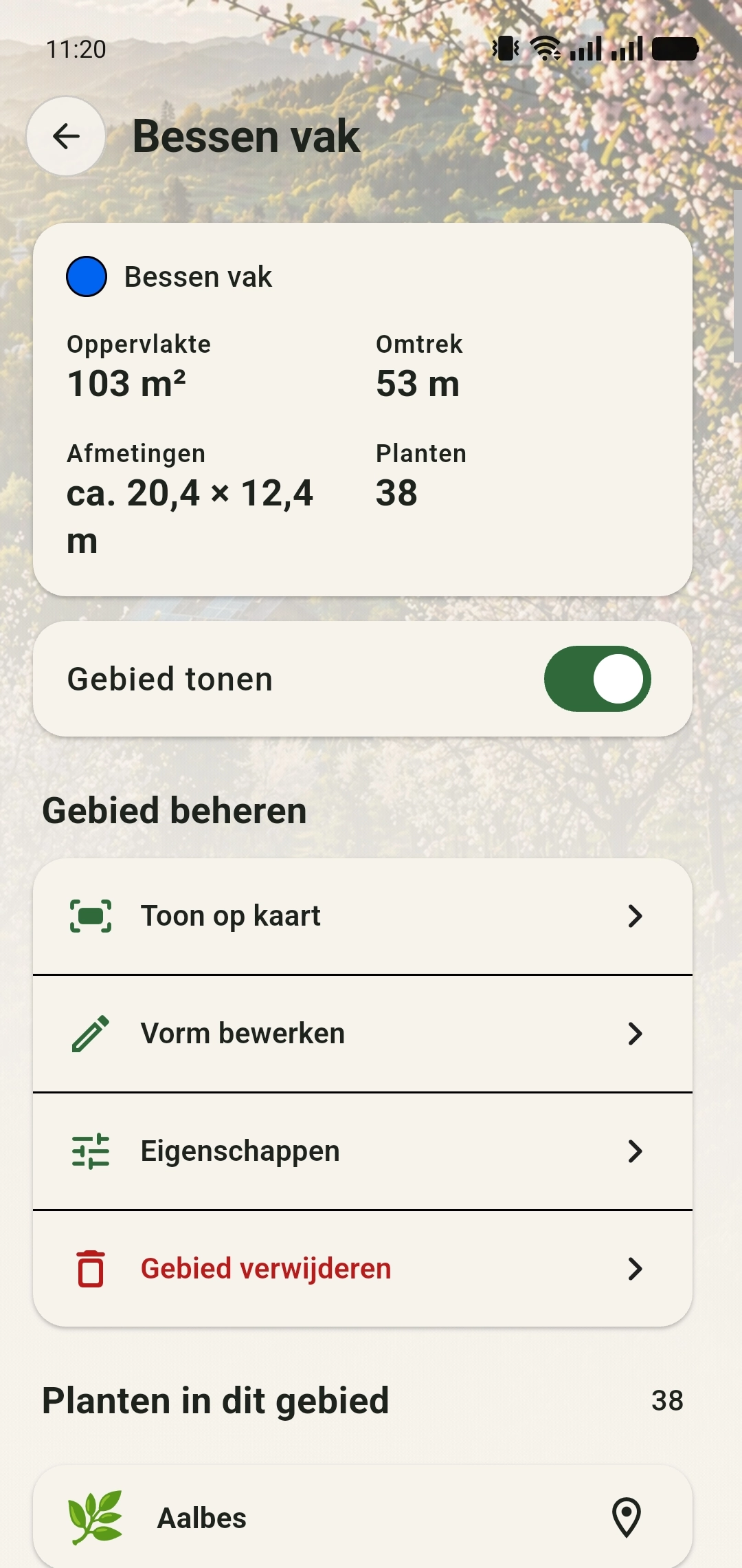 Gebiedsgegevens Bessen vak met oppervlakte en planten