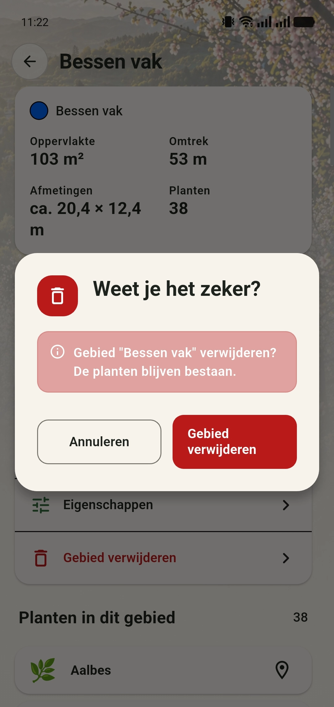 Bevestigingsvenster voor het verwijderen van een gebied
