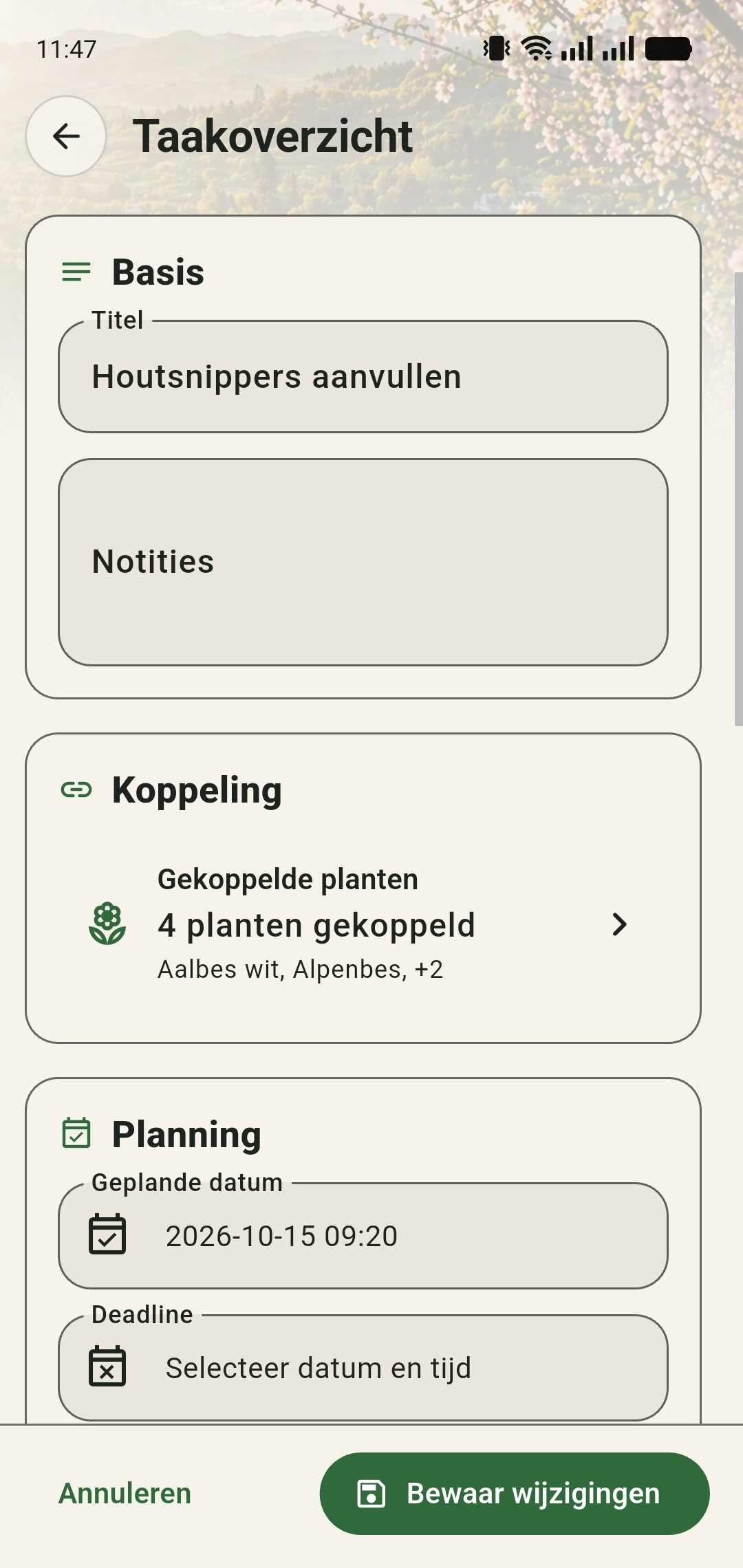 Overzicht van een taak met vier gekoppelde planten