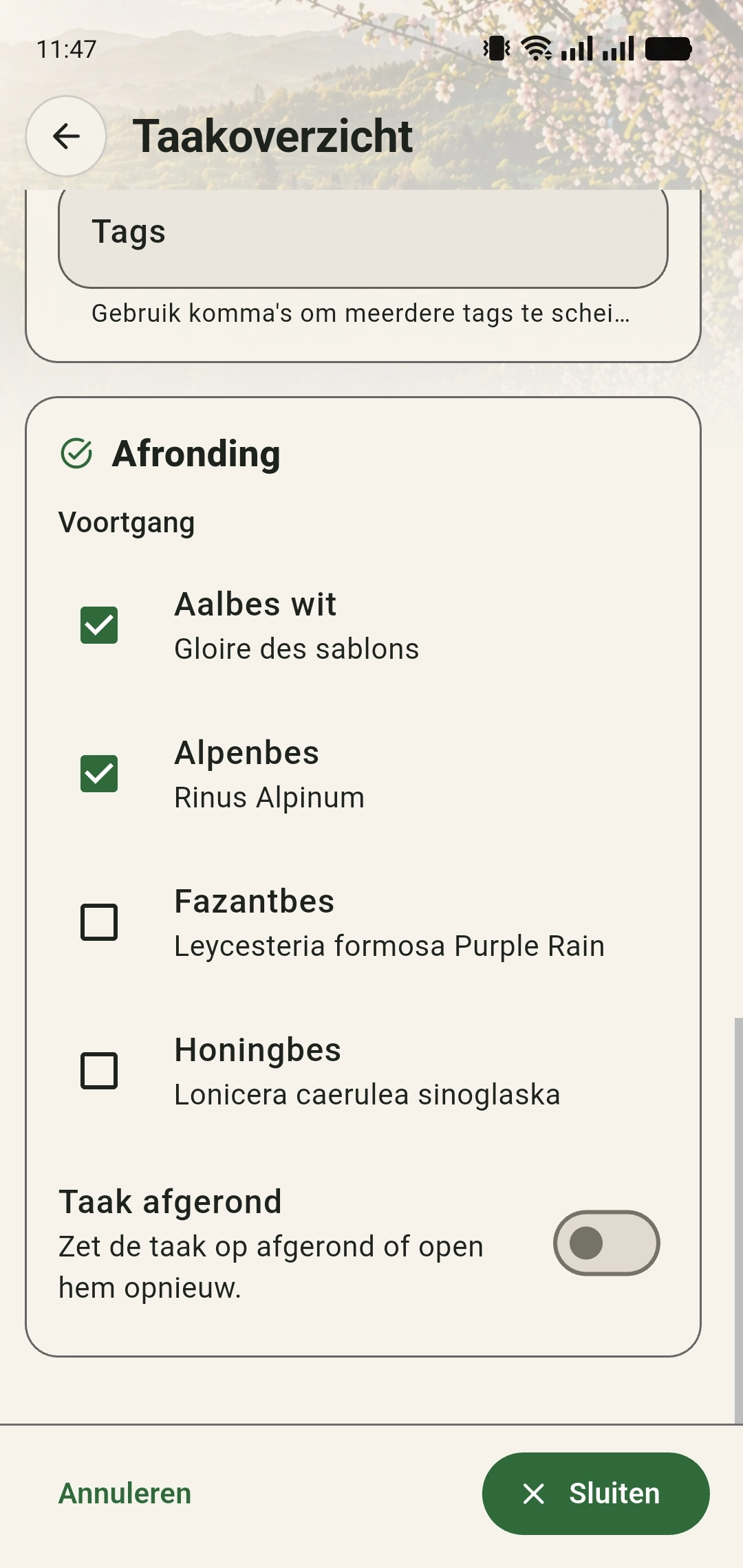 Taakdetails waarin twee van vier gekoppelde planten zijn afgevinkt