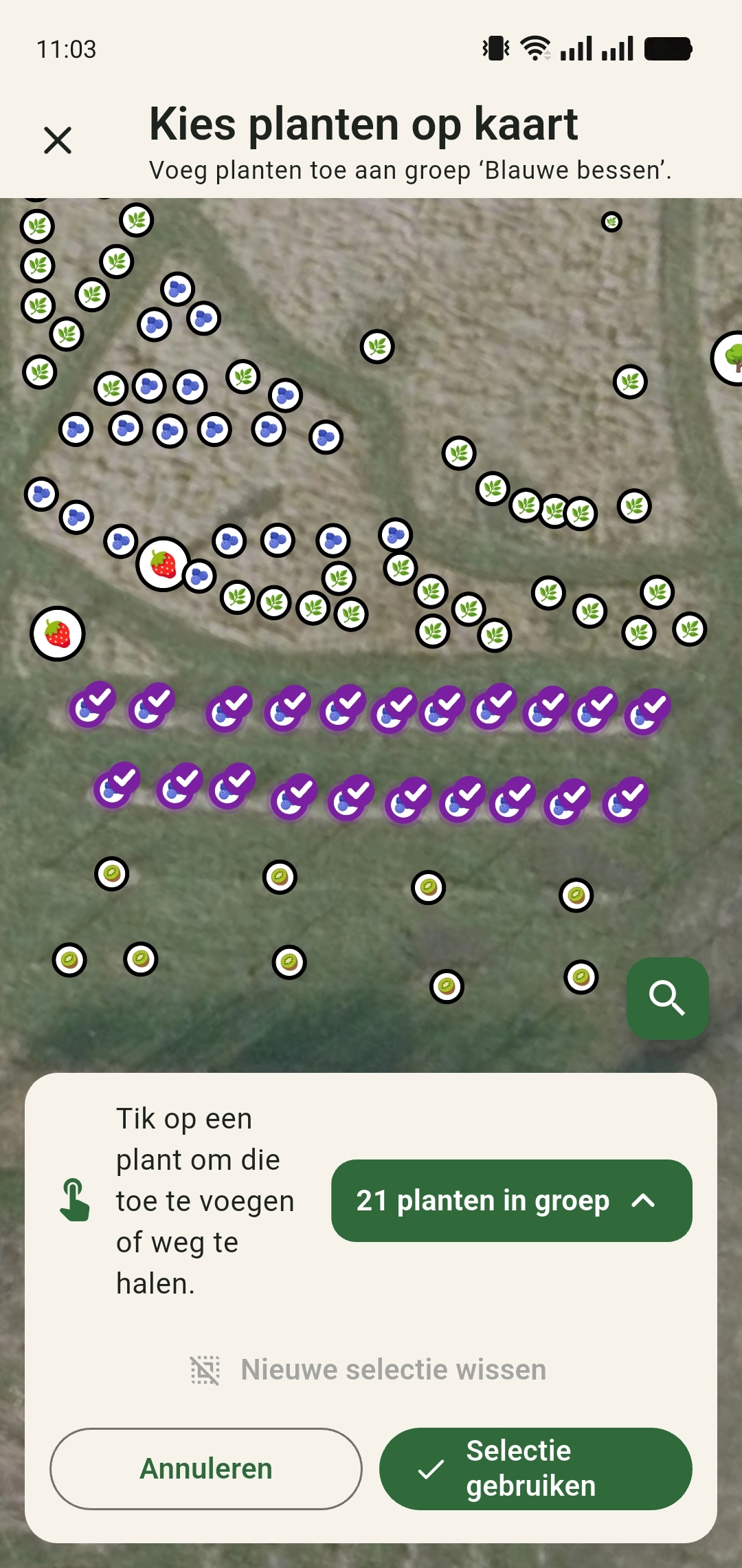 Selecteer de planten van je oogstgroep op de terreinkaart