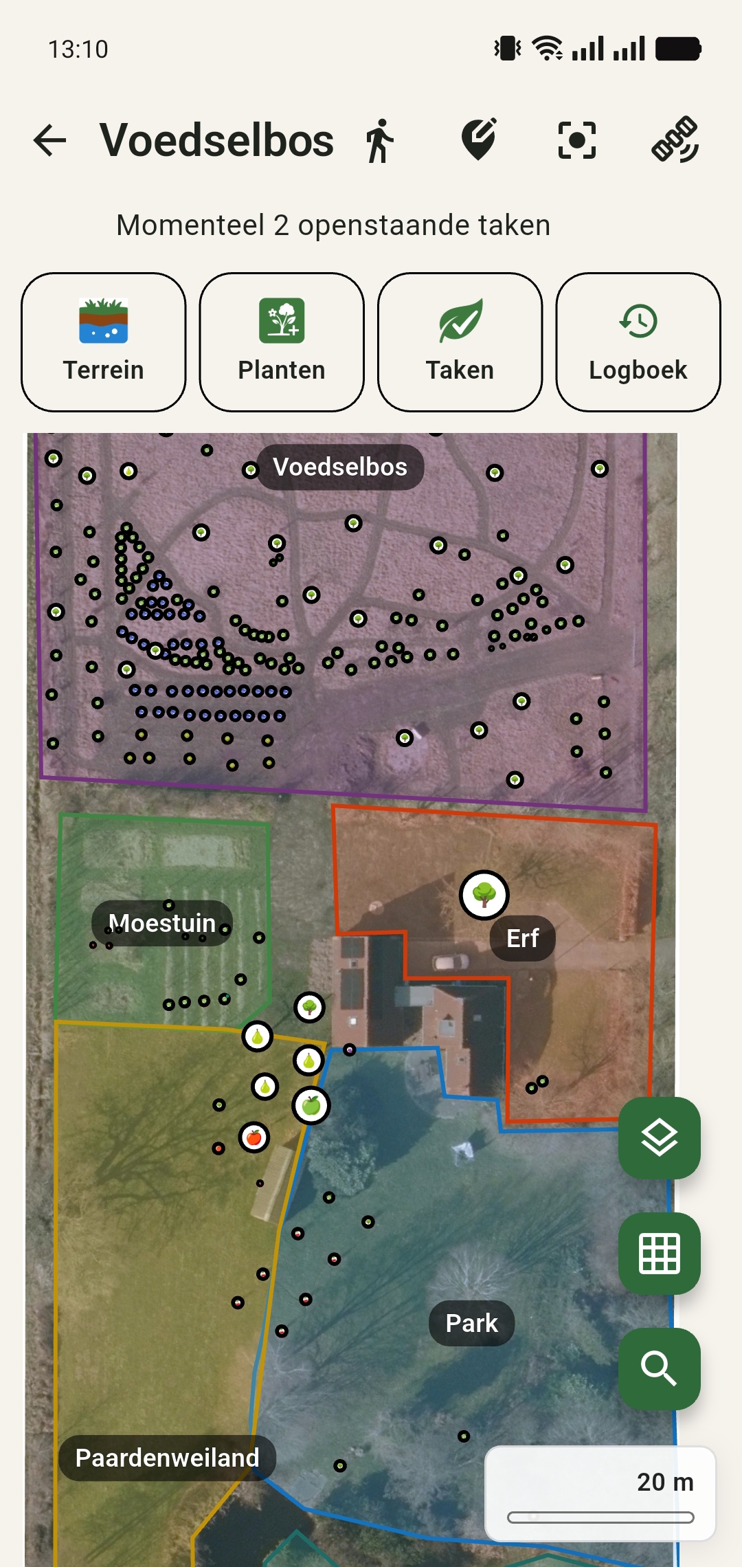 GreenPlot overzichtsscherm met luchtfoto, zones en plantlocaties