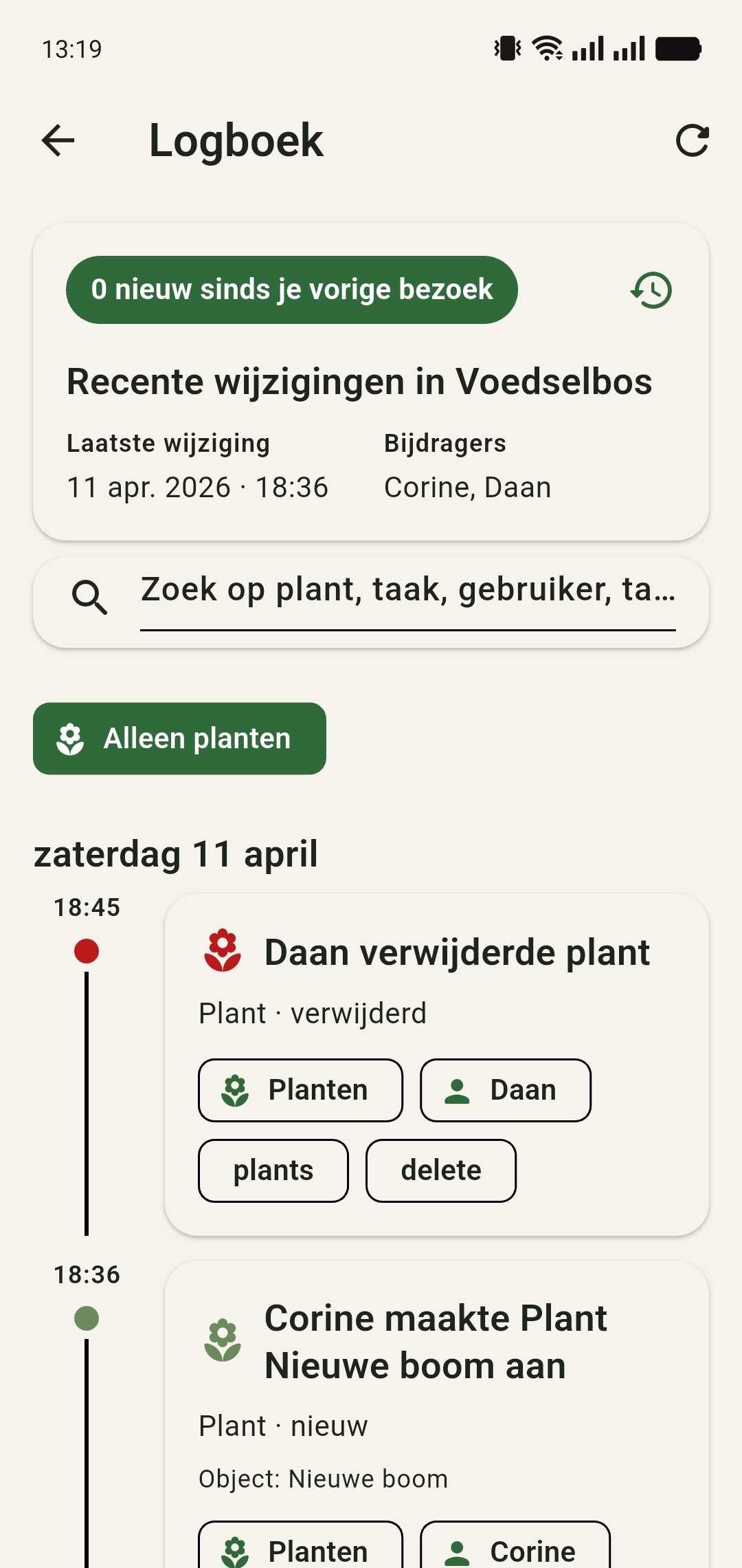 GreenPlot logboek met recente wijzigingen