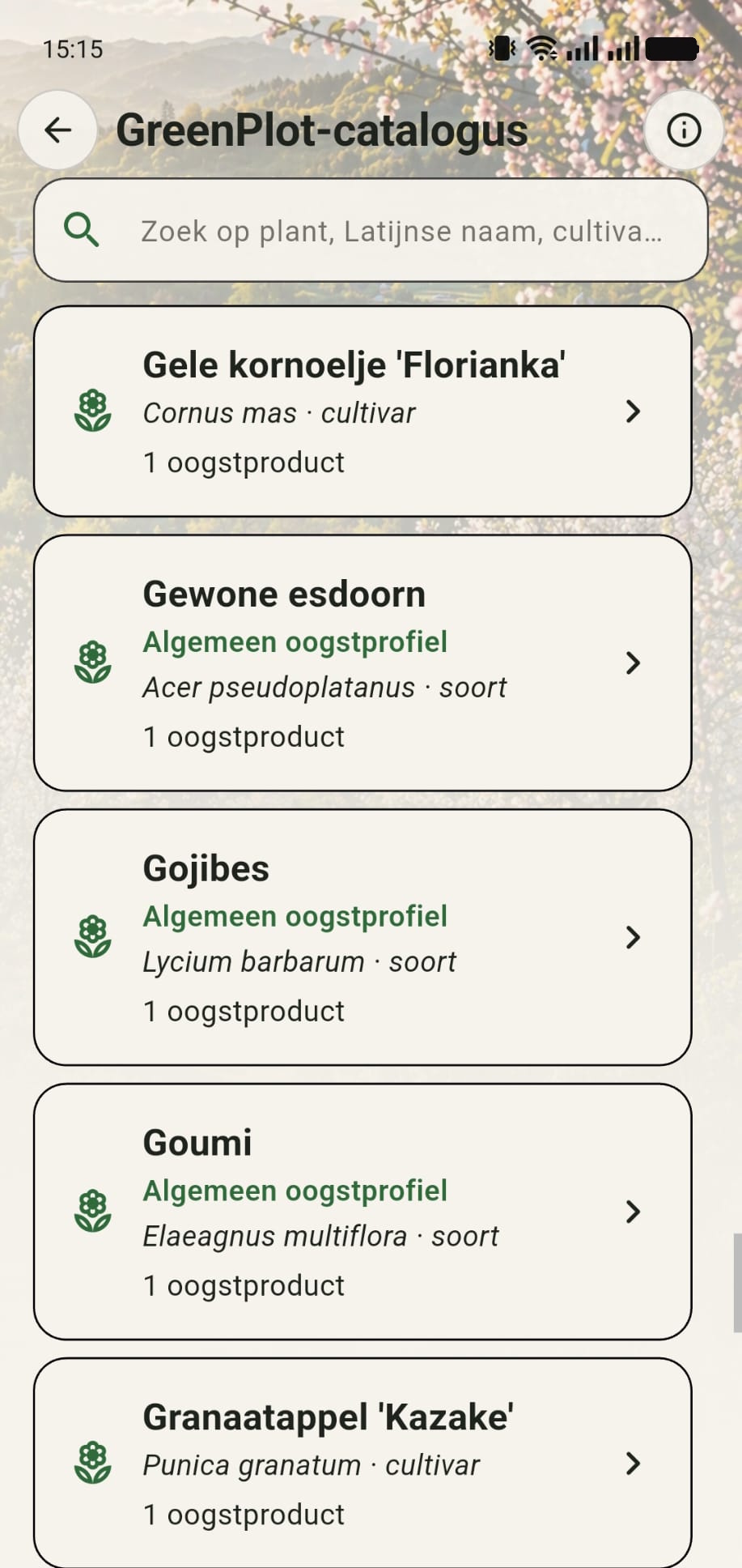 GreenPlot-catalogus met planten, cultivars en oogstprofielen