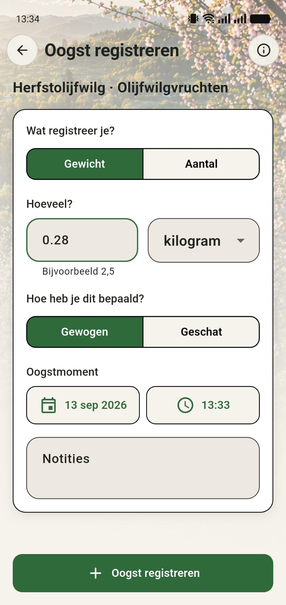 Oogst van een herfstolijfwilg registreren met gewicht in GreenPlot