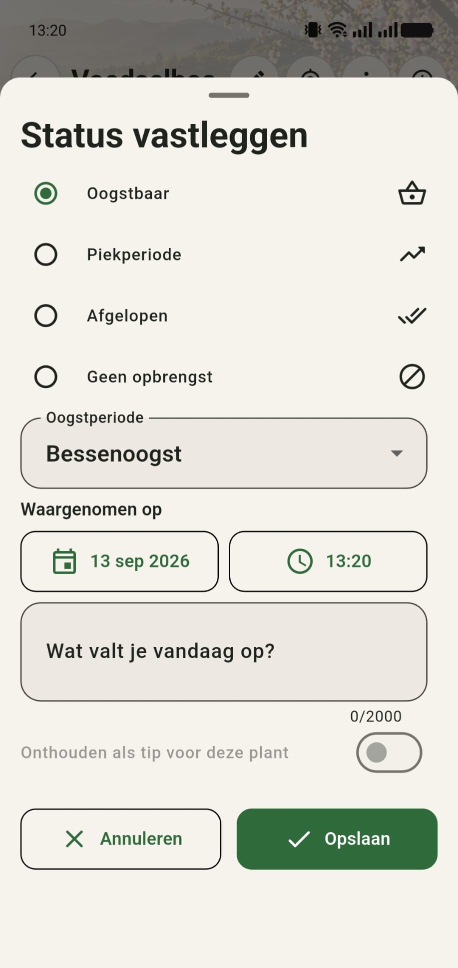 Oogststatus van een herfstolijfwilg vastleggen in GreenPlot