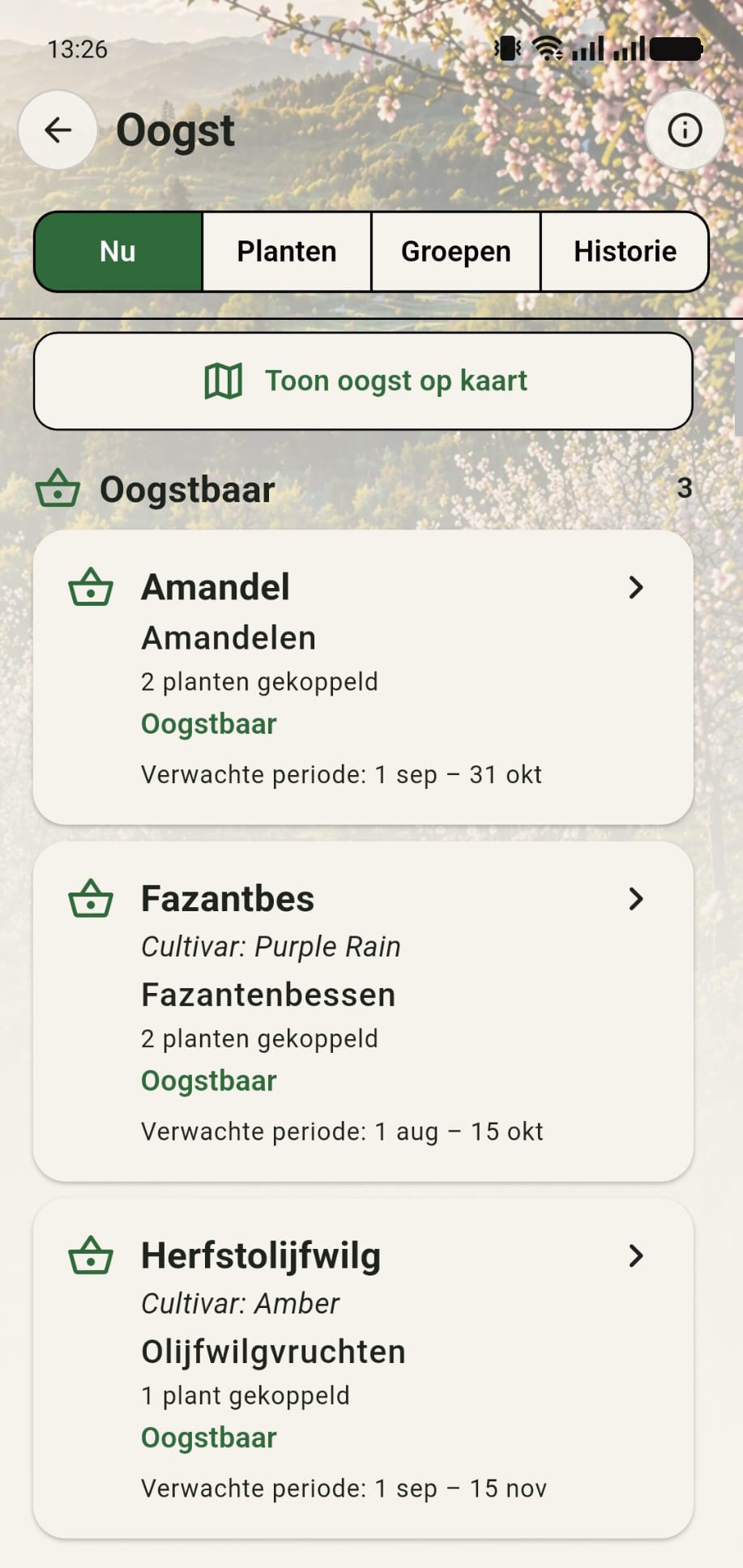 Oogstoverzicht in GreenPlot met planten die nu oogstbaar zijn