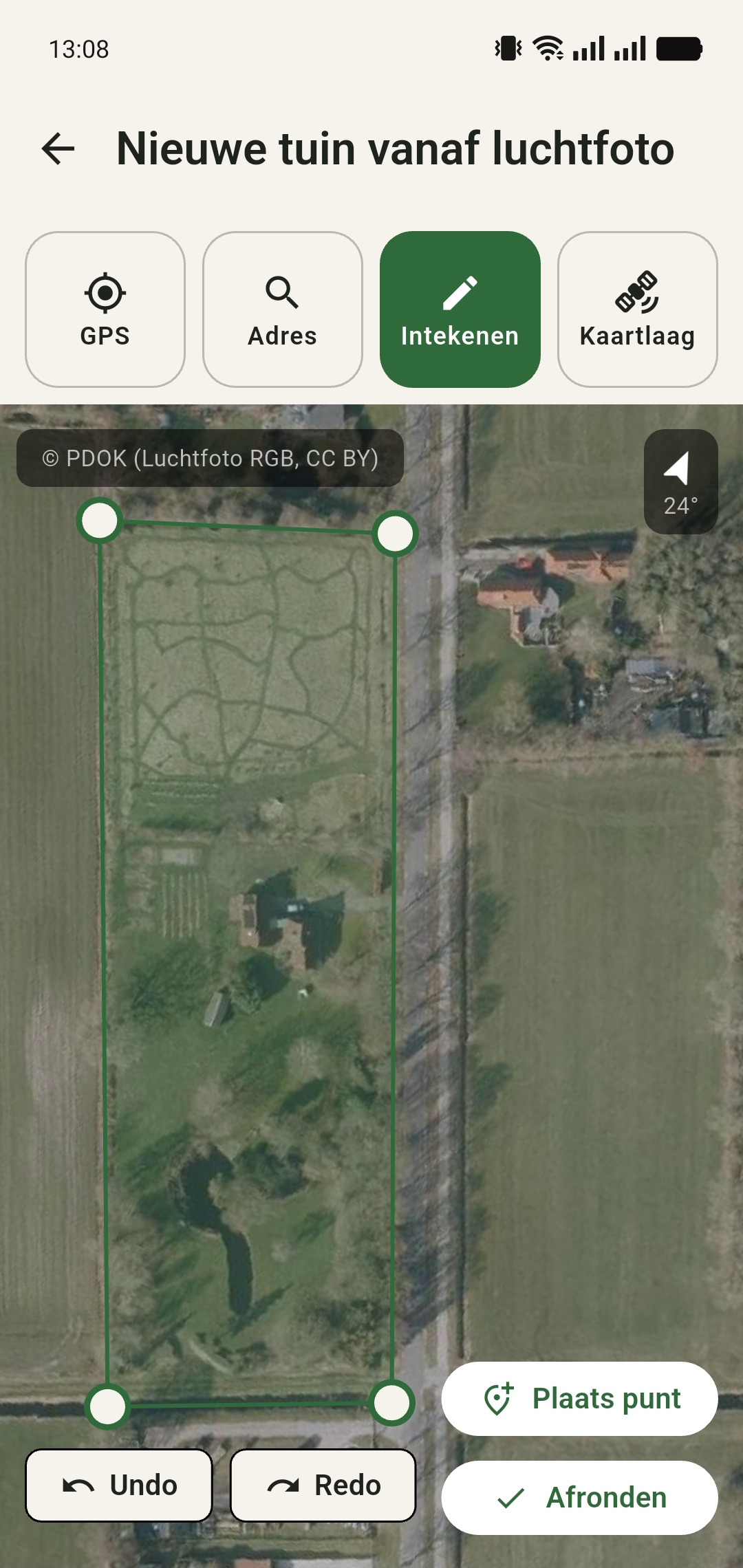 GreenPlot nieuwe tuin vanaf luchtfoto met intekenmodus