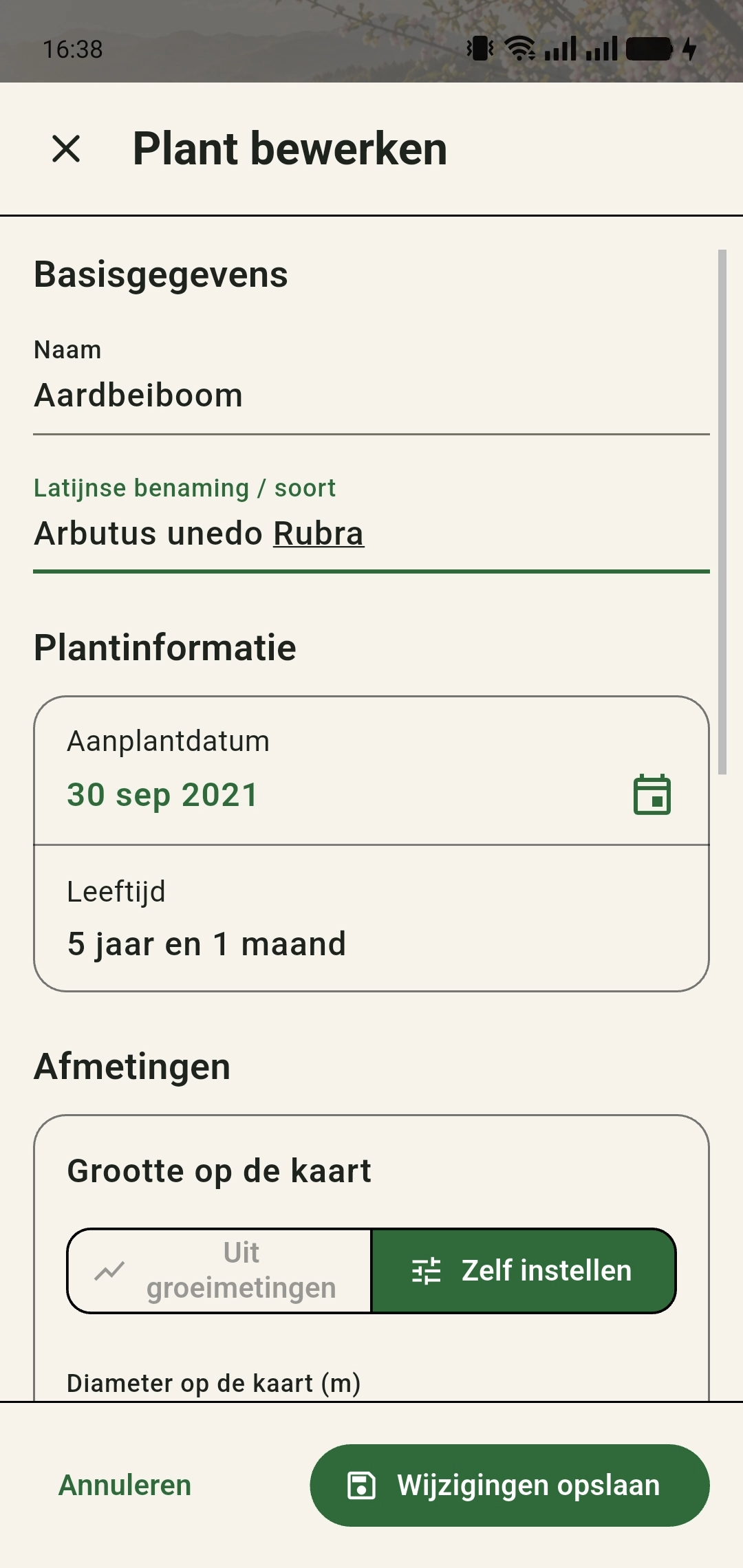 Scherm Plant bewerken met velden voor naam, Latijnse benaming en aanplantdatum