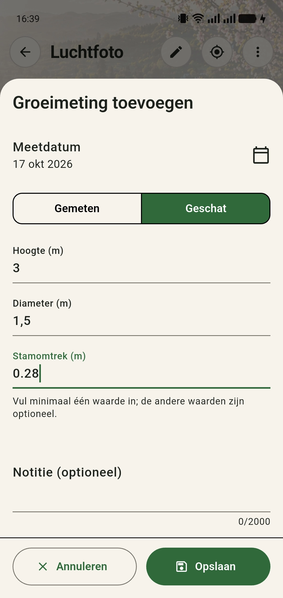 Formulier Groeimeting toevoegen met meetdatum, keuze Gemeten of Geschat en velden voor hoogte, diameter, stamomtrek en notitie