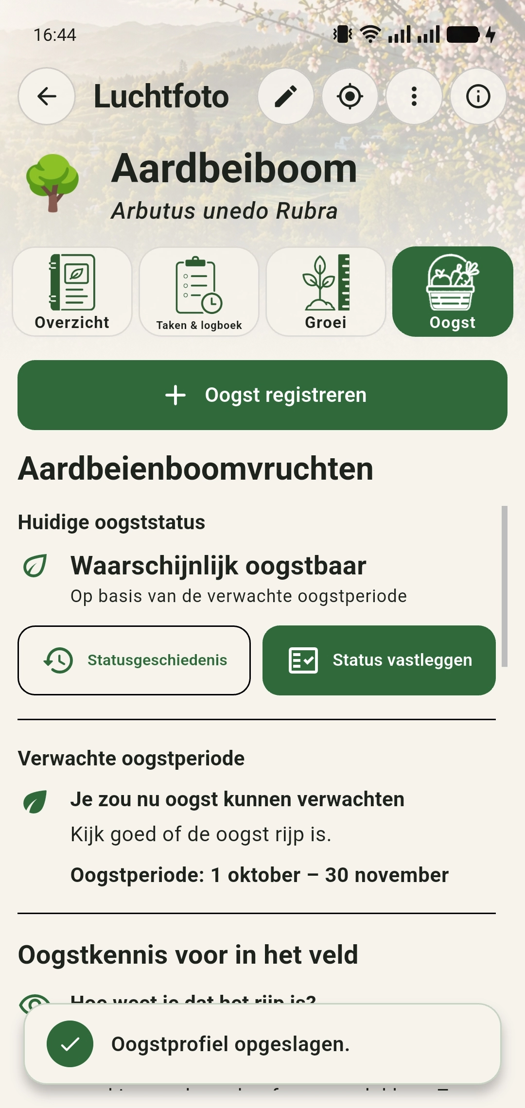 Een gekoppeld oogstprofiel bij een plant in de GreenPlot-app