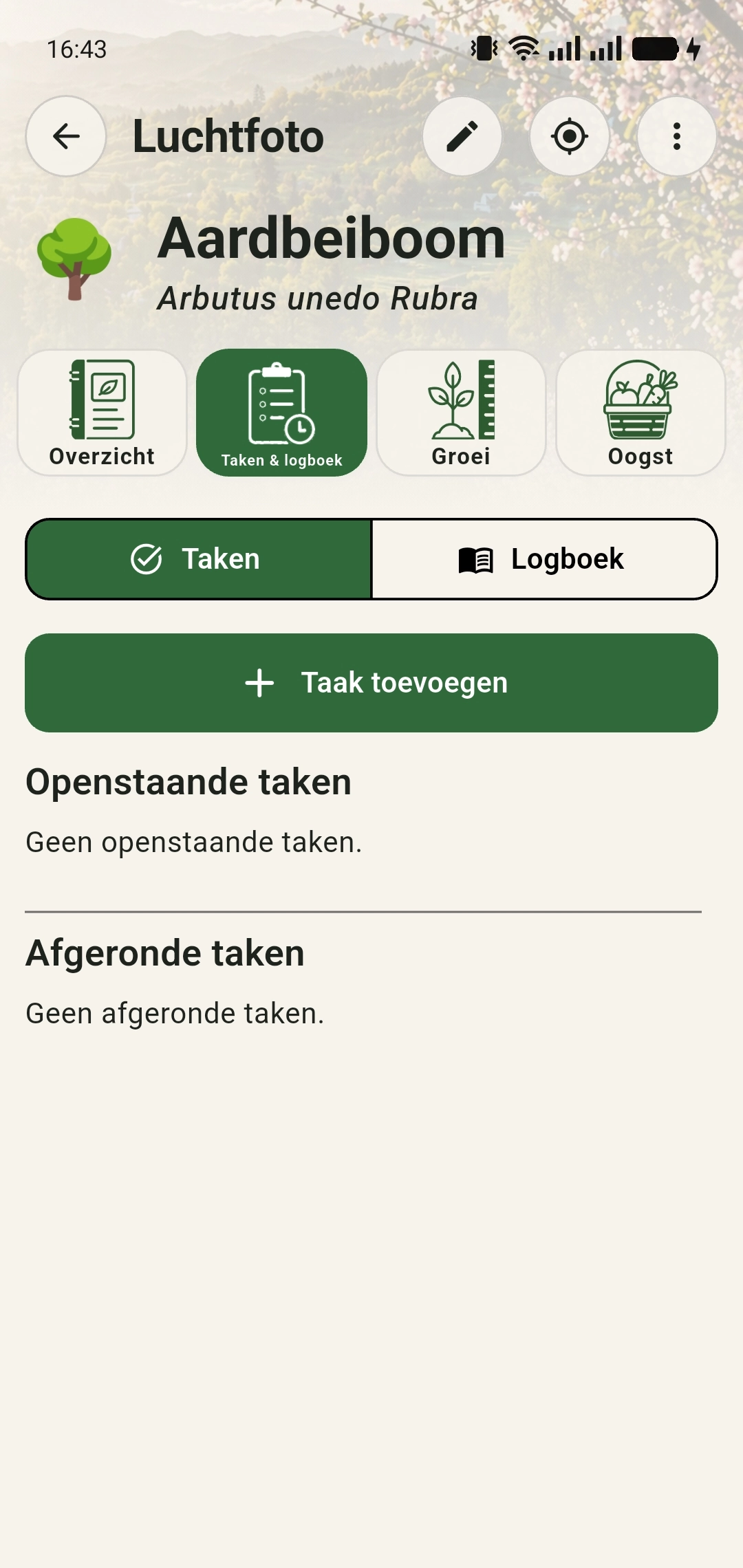 Tabblad Taken en logboek met de knop Taak toevoegen en overzichten van openstaande en afgeronde taken