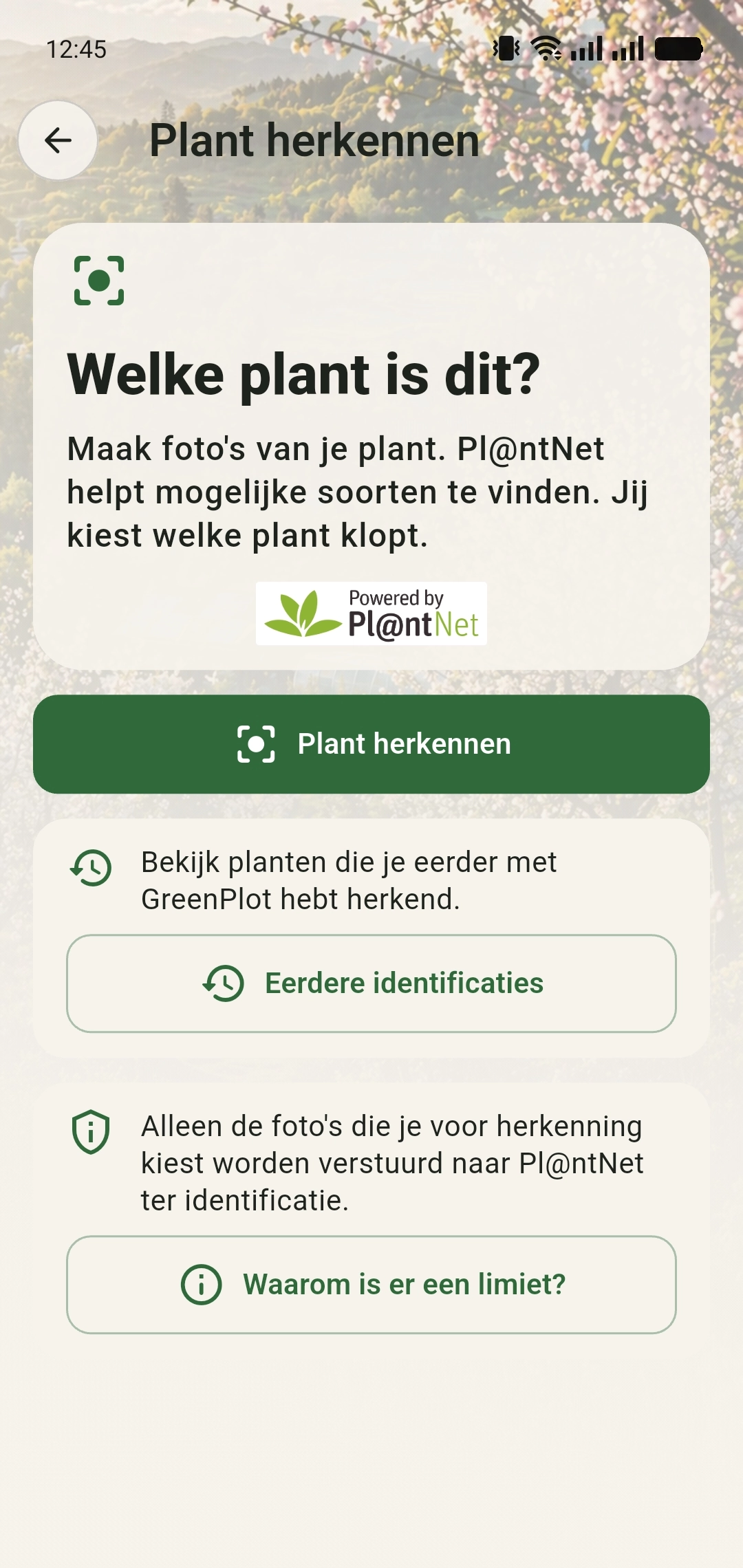 Startscherm Welke plant is dit met Plant herkennen en Eerdere identificaties