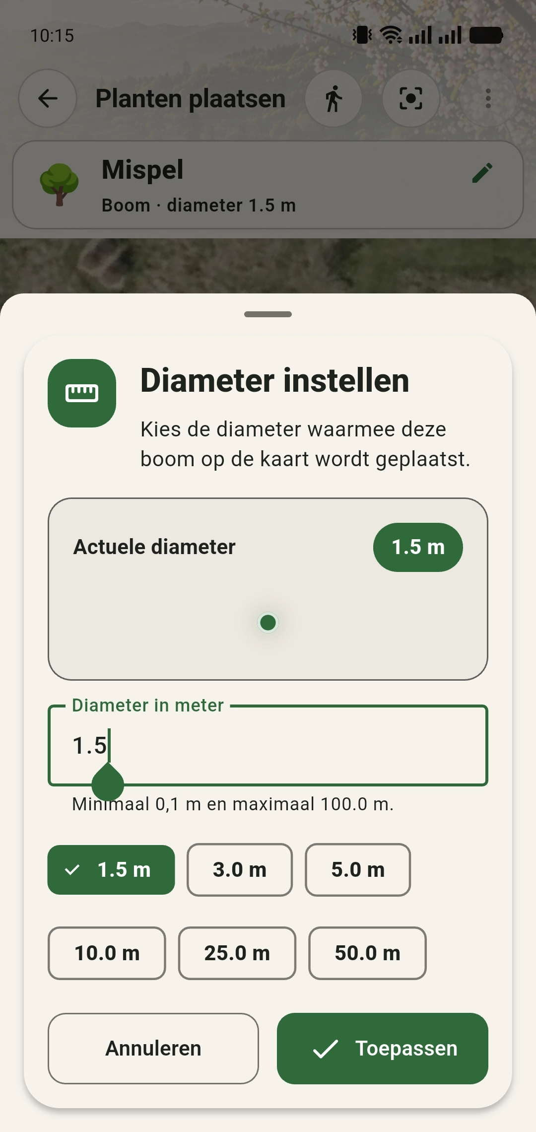 Scherm Diameter instellen met invoer in meters en de knop Toepassen