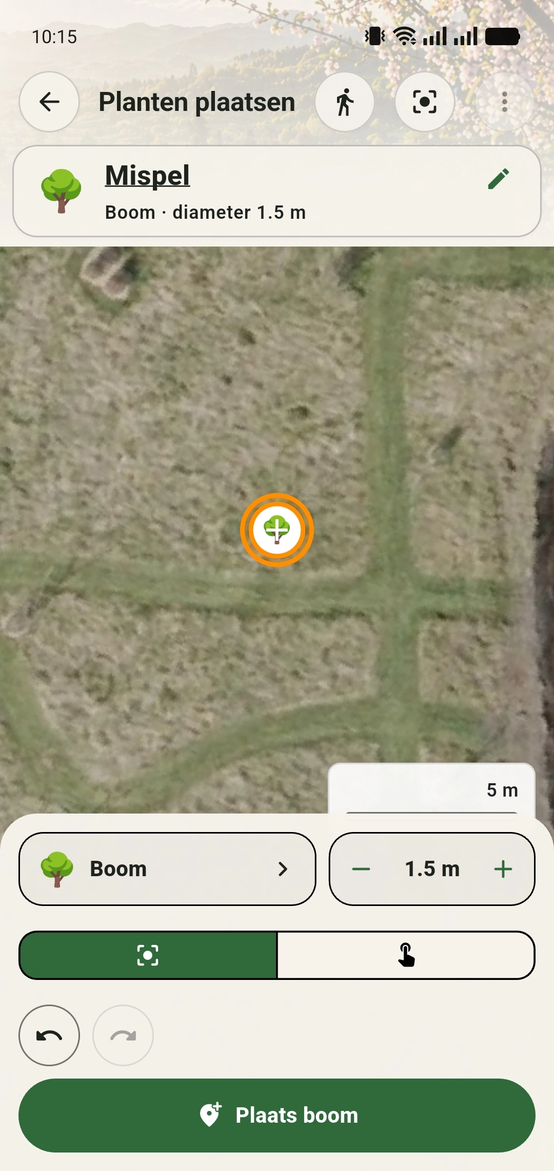 Eerste boom in plaatsmodus met oranje plaatsmarkering en de knop Plaats boom
