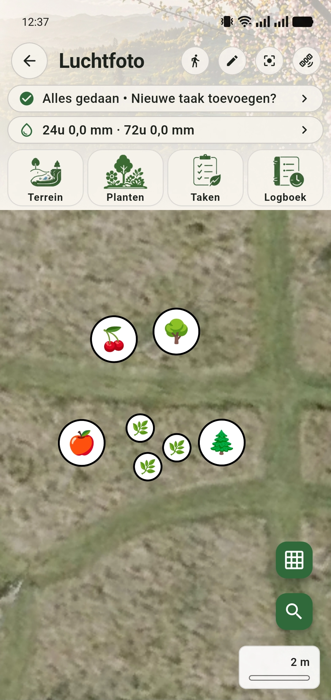 Eindresultaat: verschillende bomen en struiken met herkenbare iconen op de GreenPlot-luchtfoto