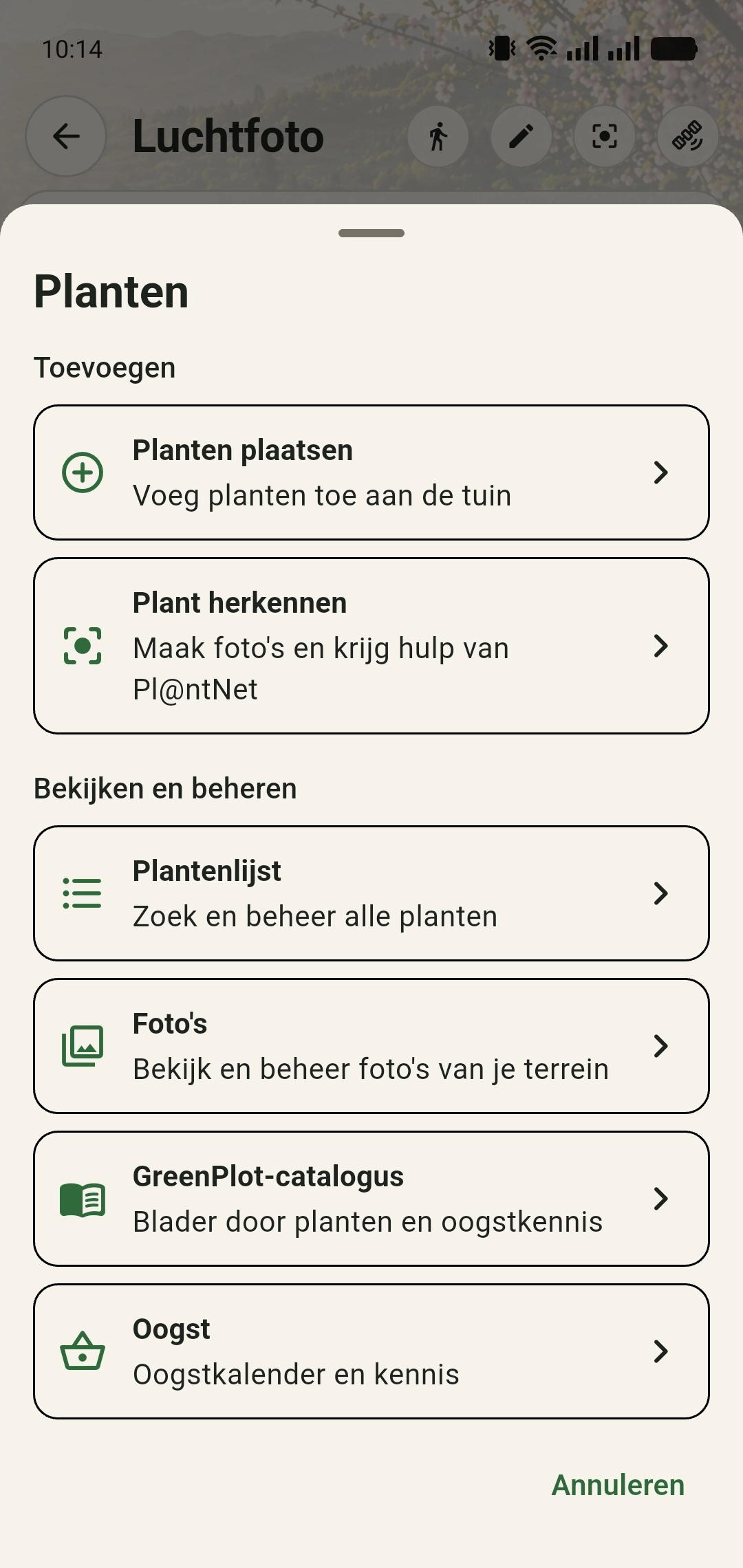 Geopend plantenmenu met de keuze Plant herkennen onder Toevoegen
