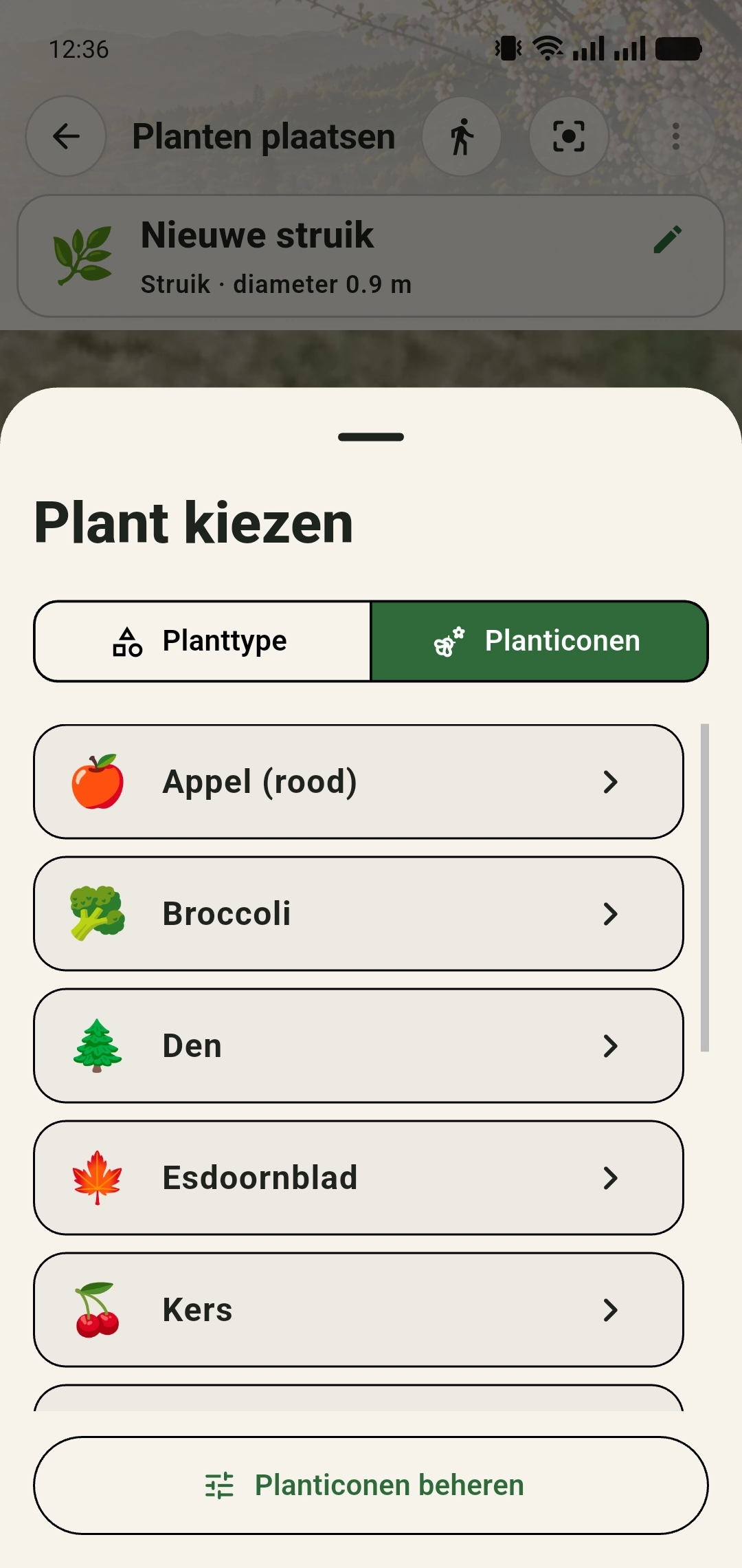 Venster Plant kiezen op het tabblad Planticonen met de knop Planticonen beheren