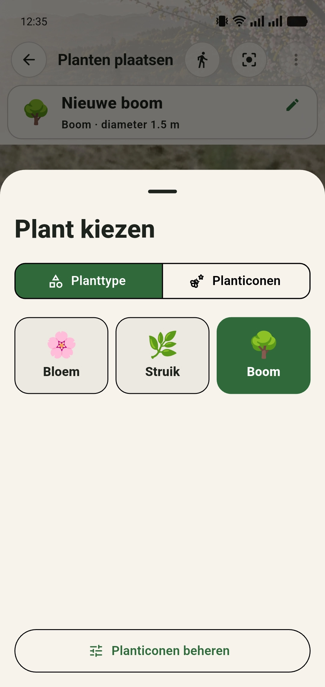 Keuze tussen Bloem, Struik en Boom in het menu Plant kiezen