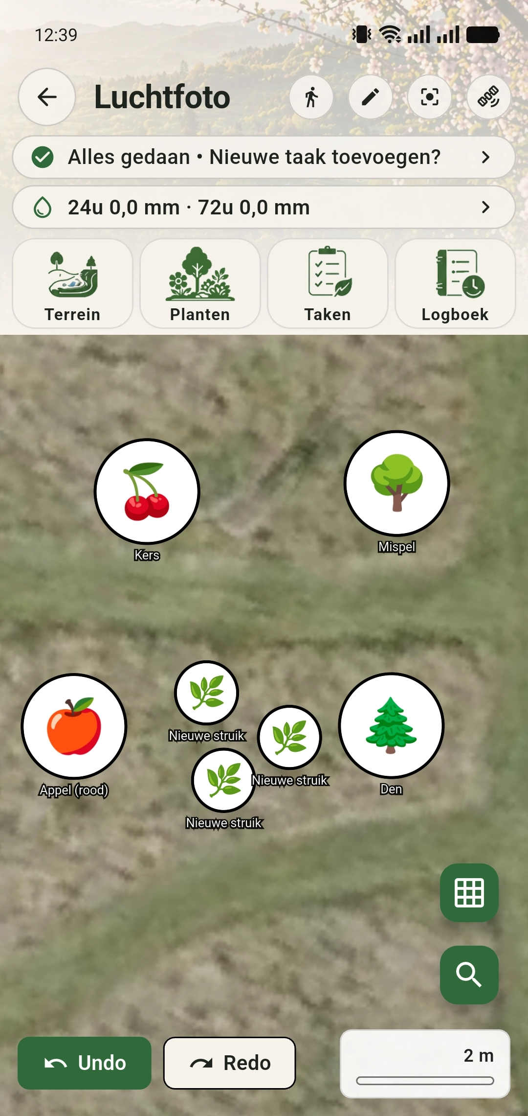 De mispel staat op de nieuwe plek op de luchtfoto, rechts van de kers