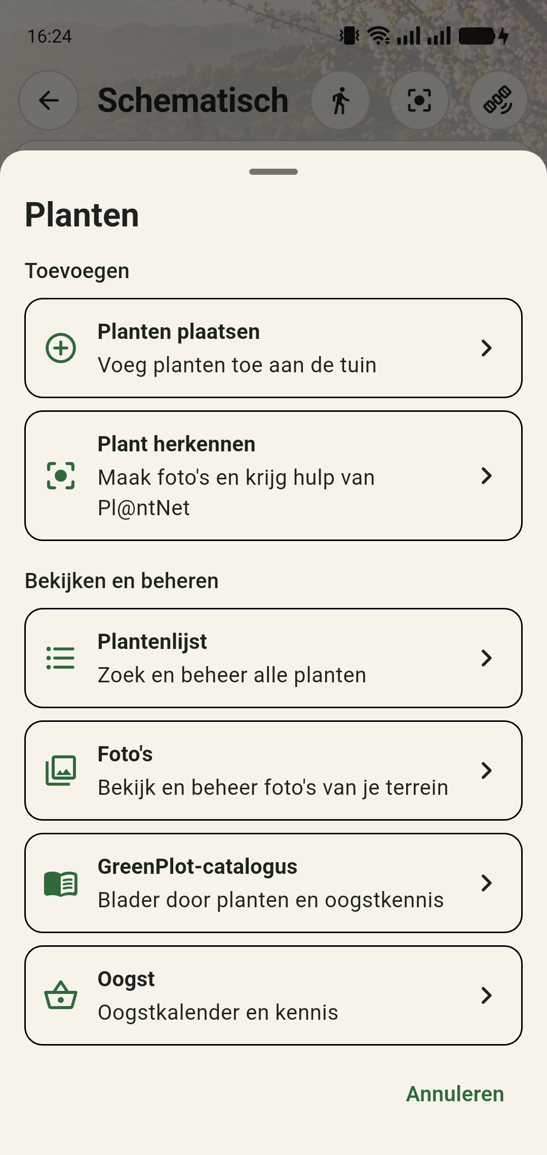 Het menu Planten in GreenPlot met onder Bekijken en beheren de optie Plantenlijst, waarmee Planten zoeken wordt geopend