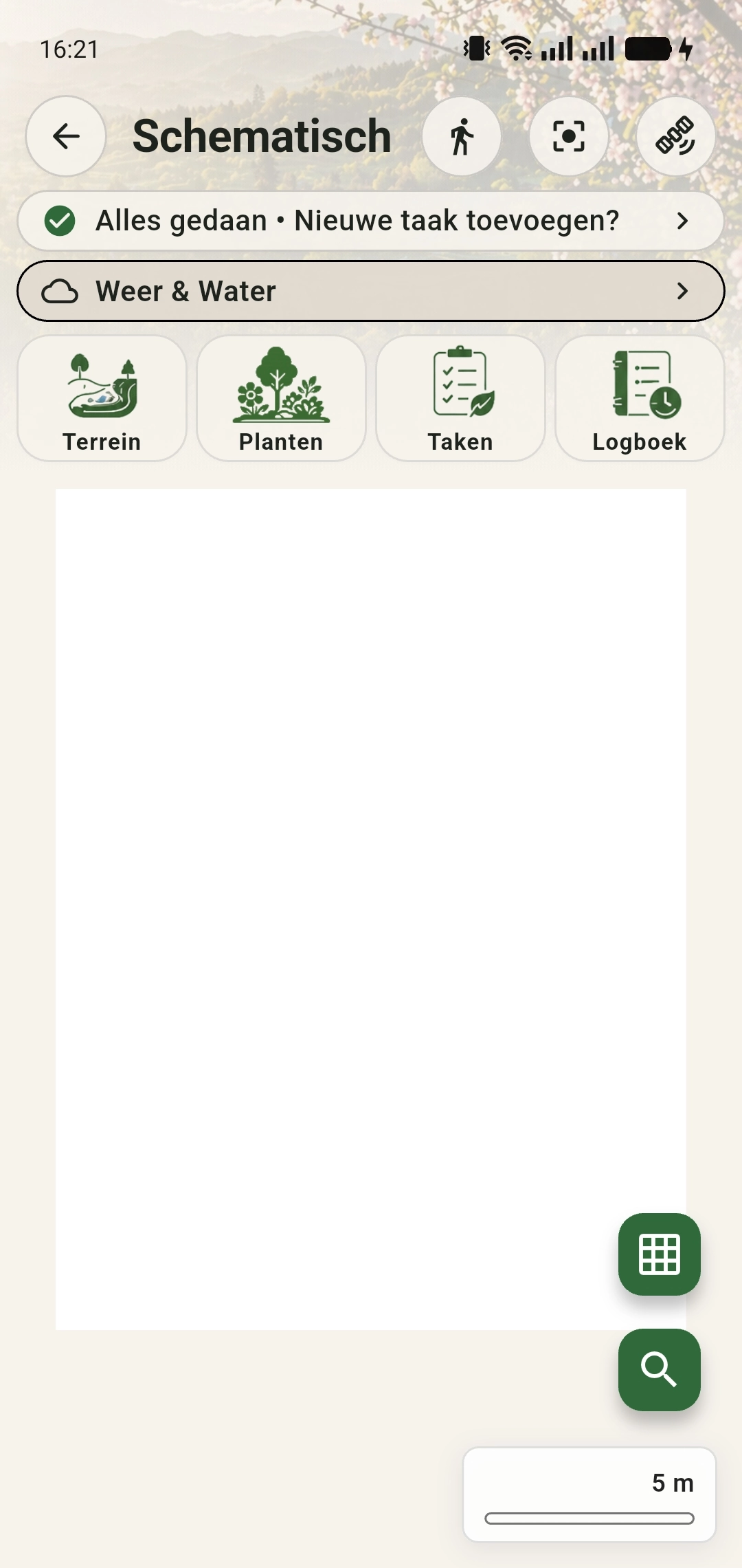 Leeg schematisch canvas met de vier hoofdonderdelen Terrein, Planten, Taken en Logboek