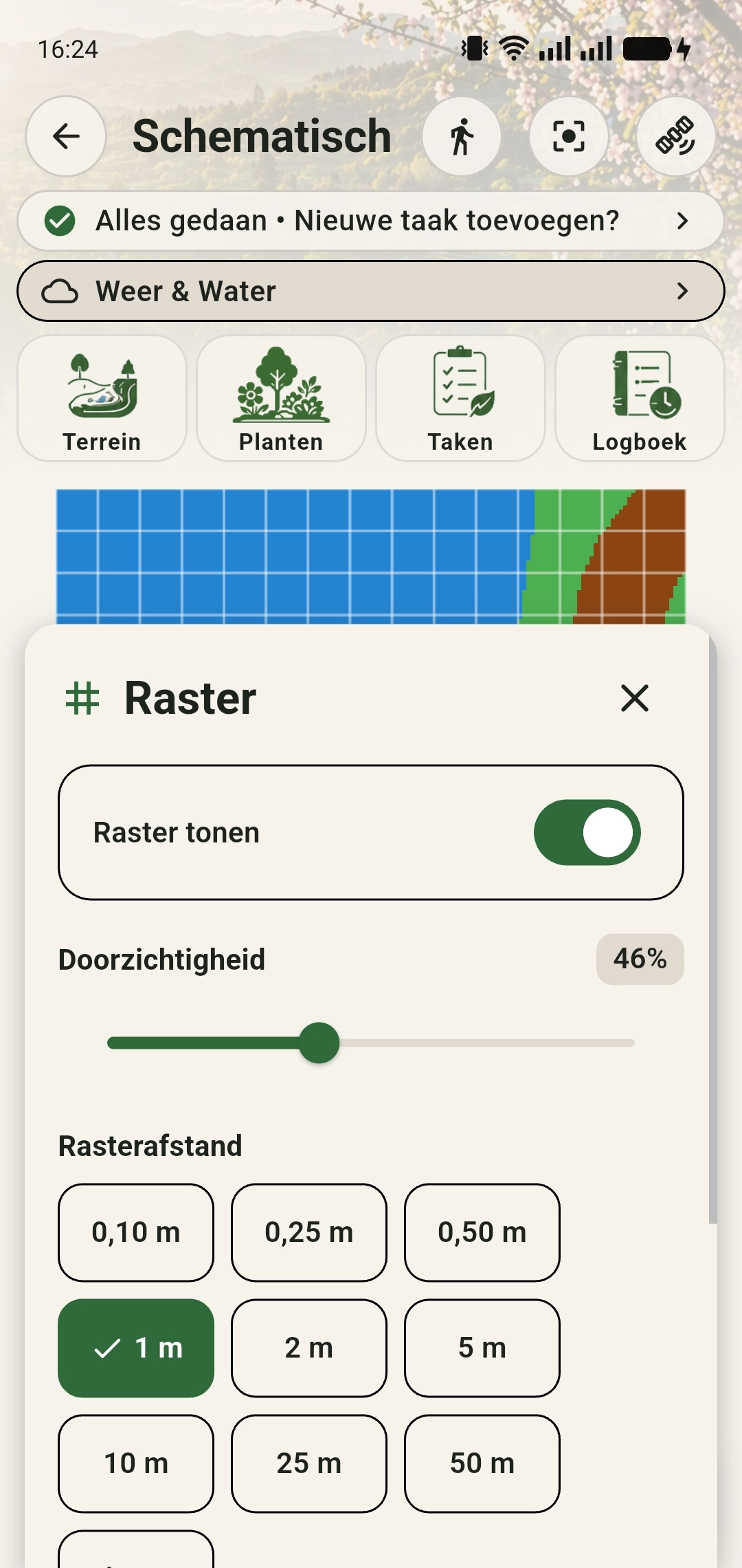 Rastermenu op een ingekleurde schematische kaart met schakelaar, doorzichtigheid en rasterafstanden