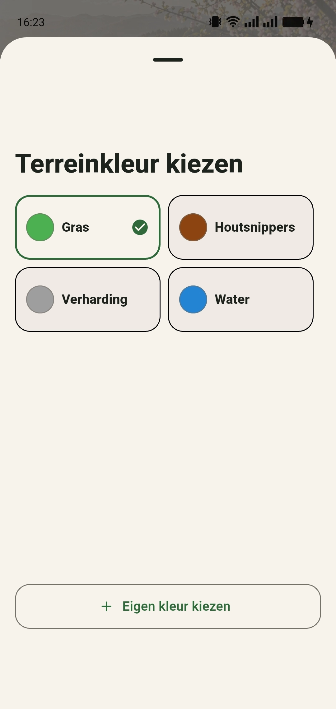 Kleurkeuze voor schematische terreinen met Gras, Houtsnippers, Verharding en Water