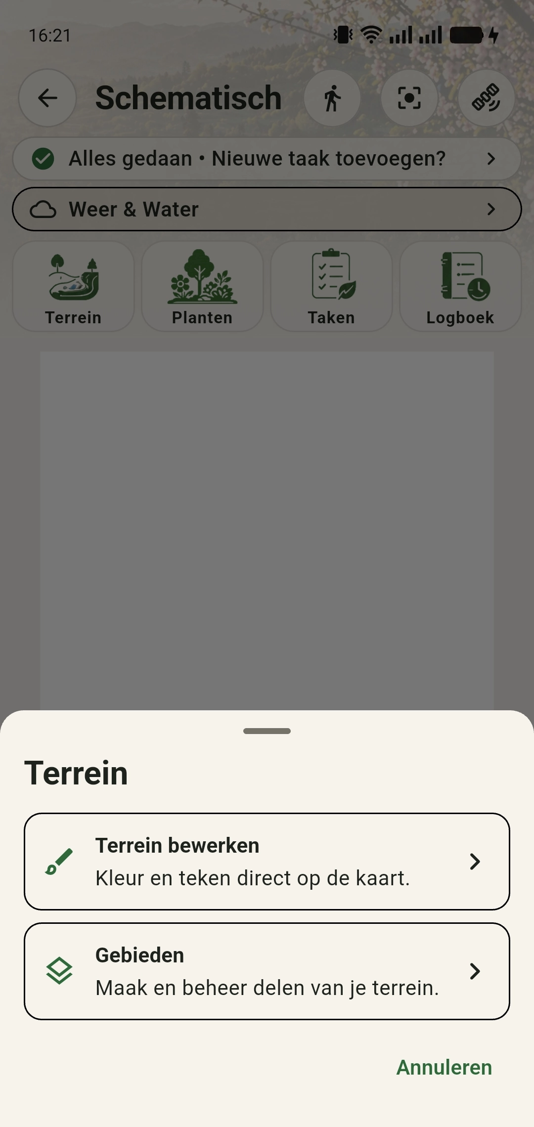 Terreinmenu in GreenPlot met de keuzes Terrein bewerken en Gebieden