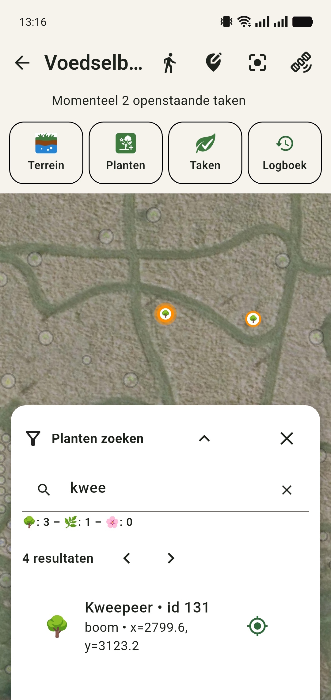 GreenPlot zoekfunctie met zoekresultaten voor planten en locaties