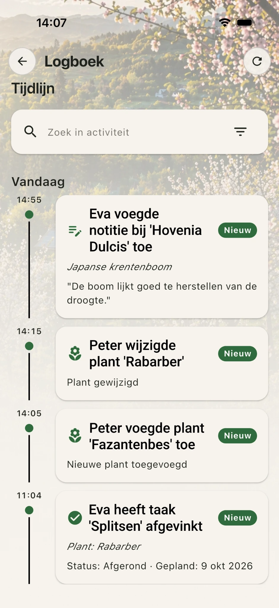 Tijdlijn in het GreenPlot-logboek