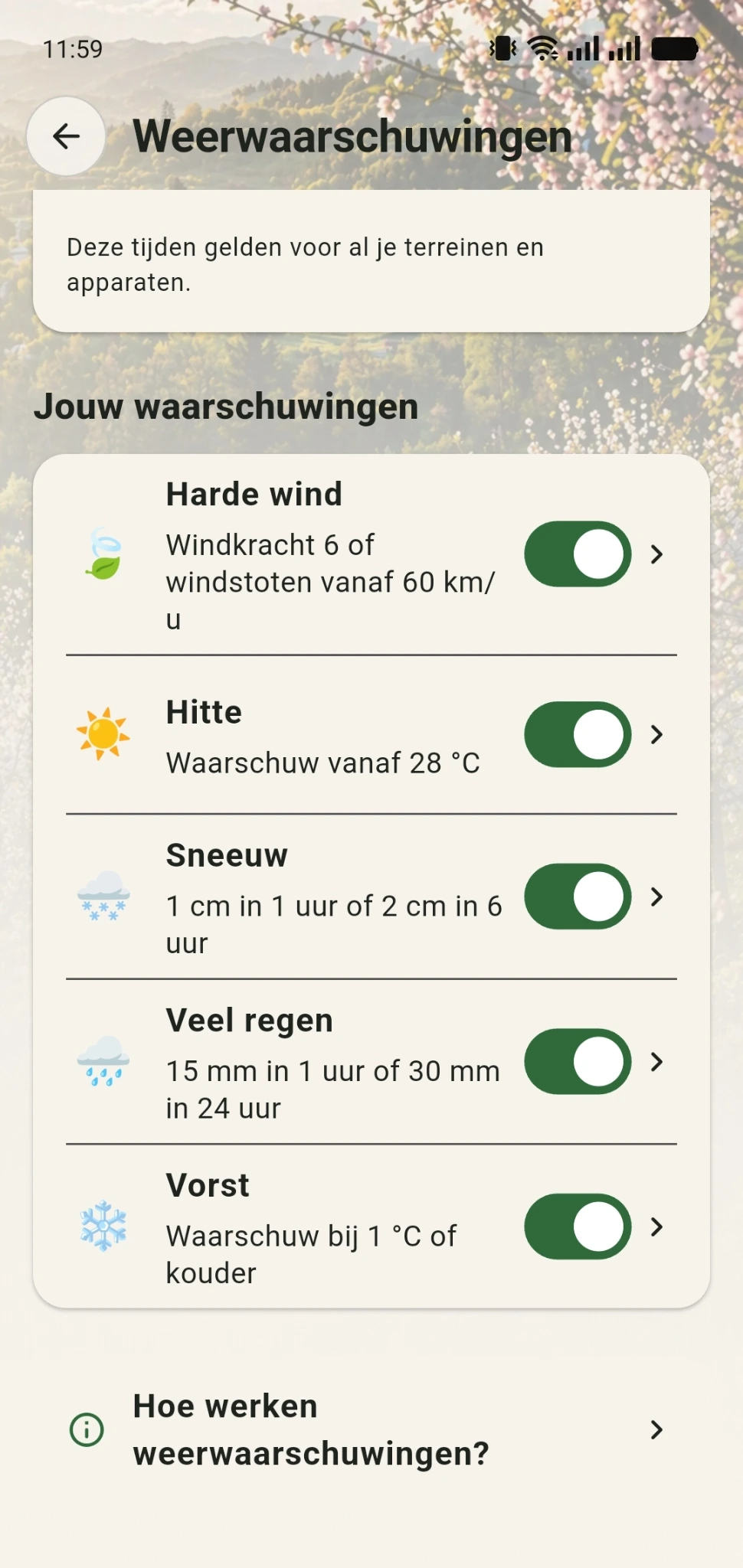 GreenPlot-scherm met instellingen voor weerwaarschuwingen