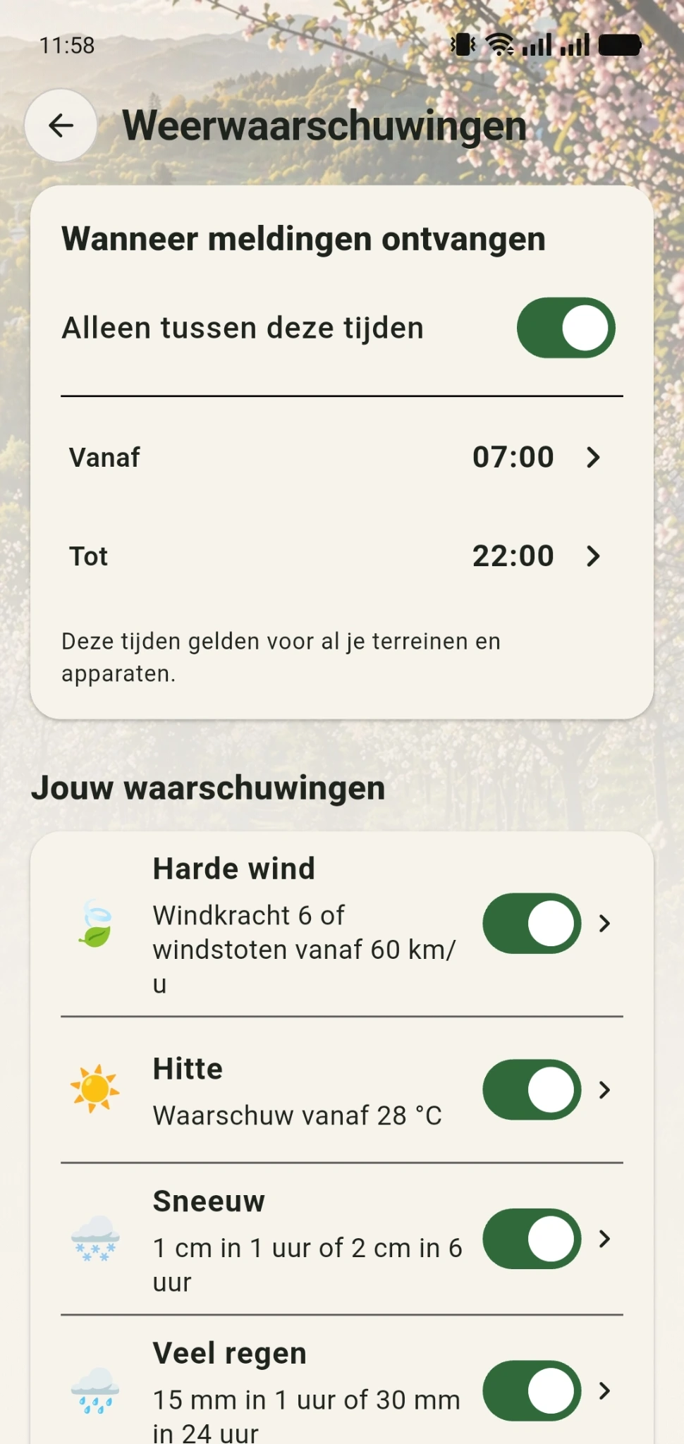 Scherm om de tijden voor het ontvangen van weerwaarschuwingen in te stellen