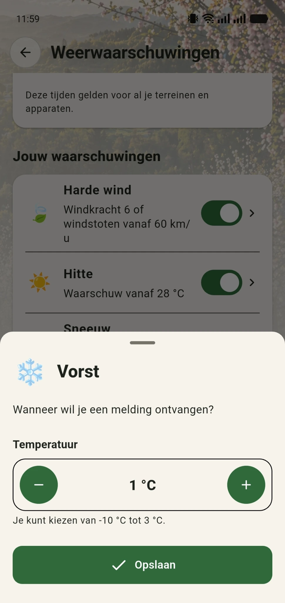Scherm waarin je zelf de temperatuurgrens voor een vorstwaarschuwing kunt instellen