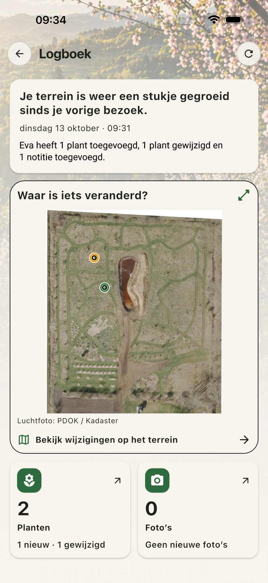 Logboekoverzicht in GreenPlot met samenvatting van wijzigingen sinds het vorige bezoek