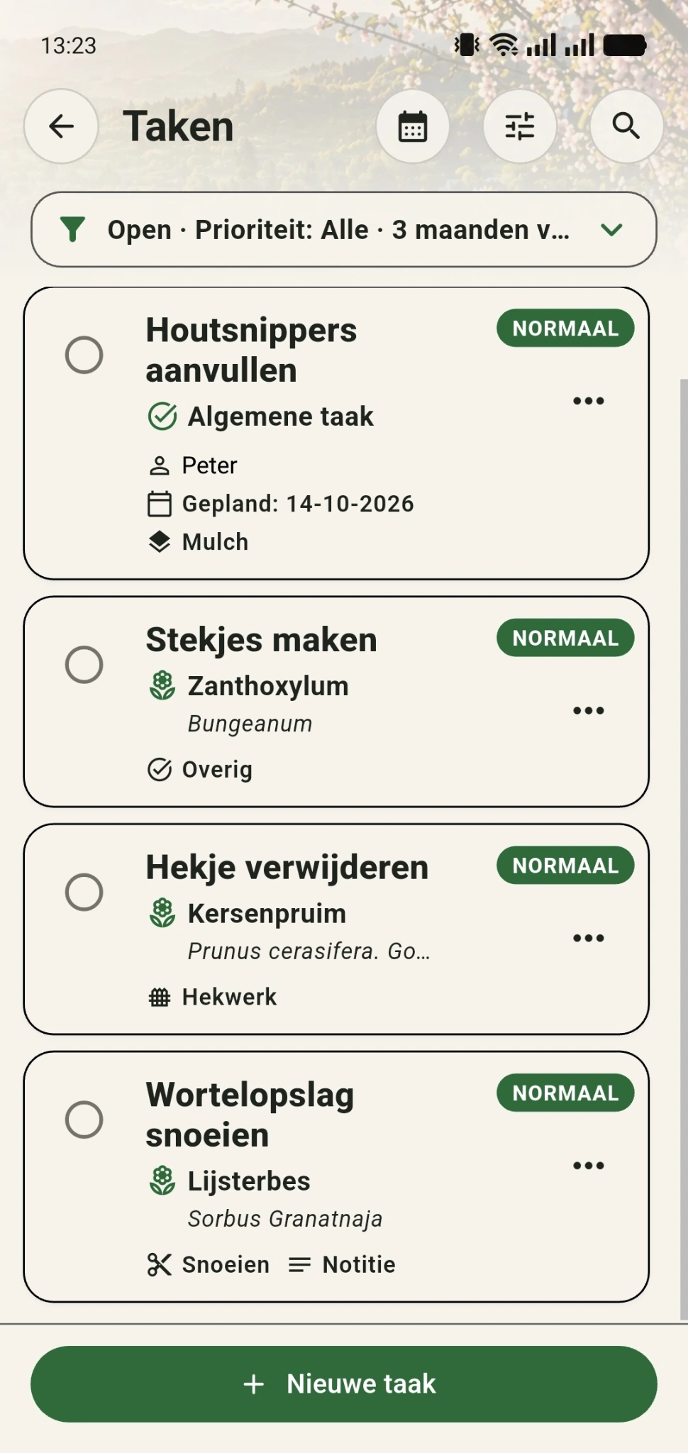 Takenoverzicht in GreenPlot met ingeklapte filterbalk en open taken