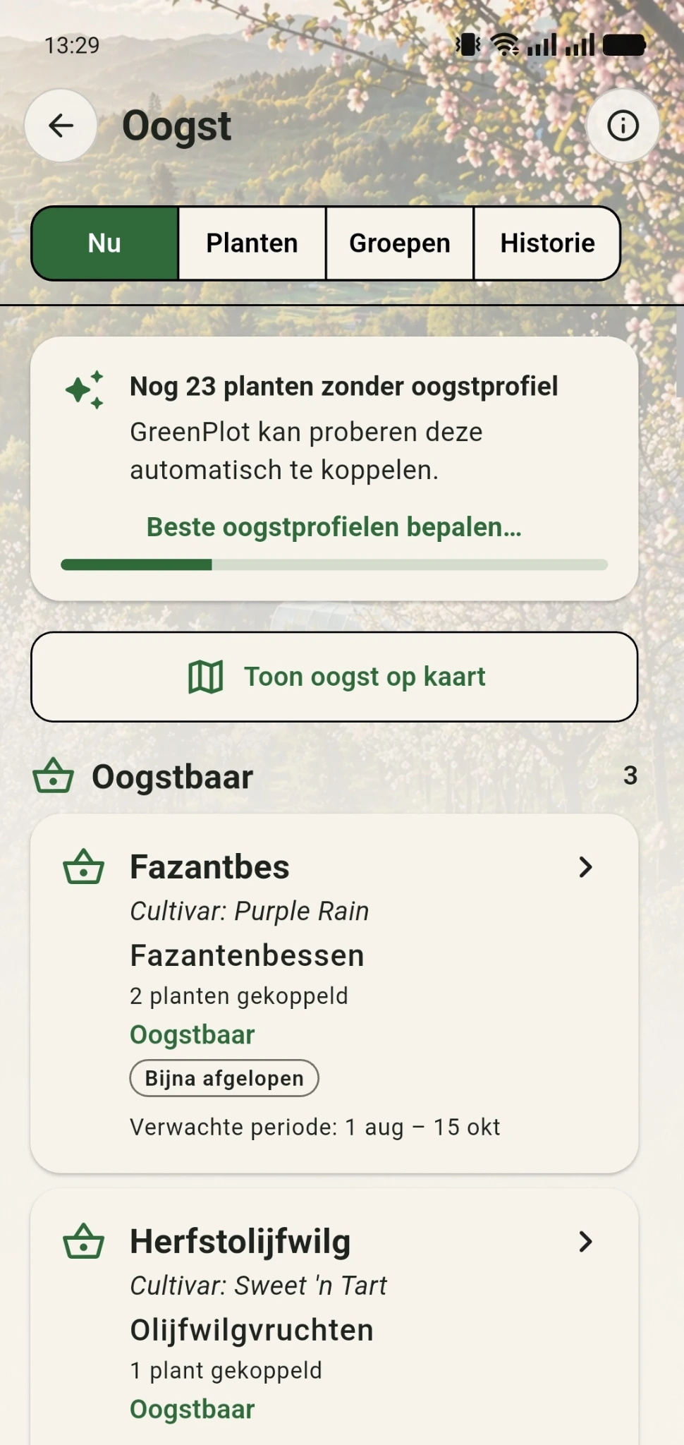 Het oogstoverzicht met de optie om ontbrekende oogstprofielen automatisch te koppelen