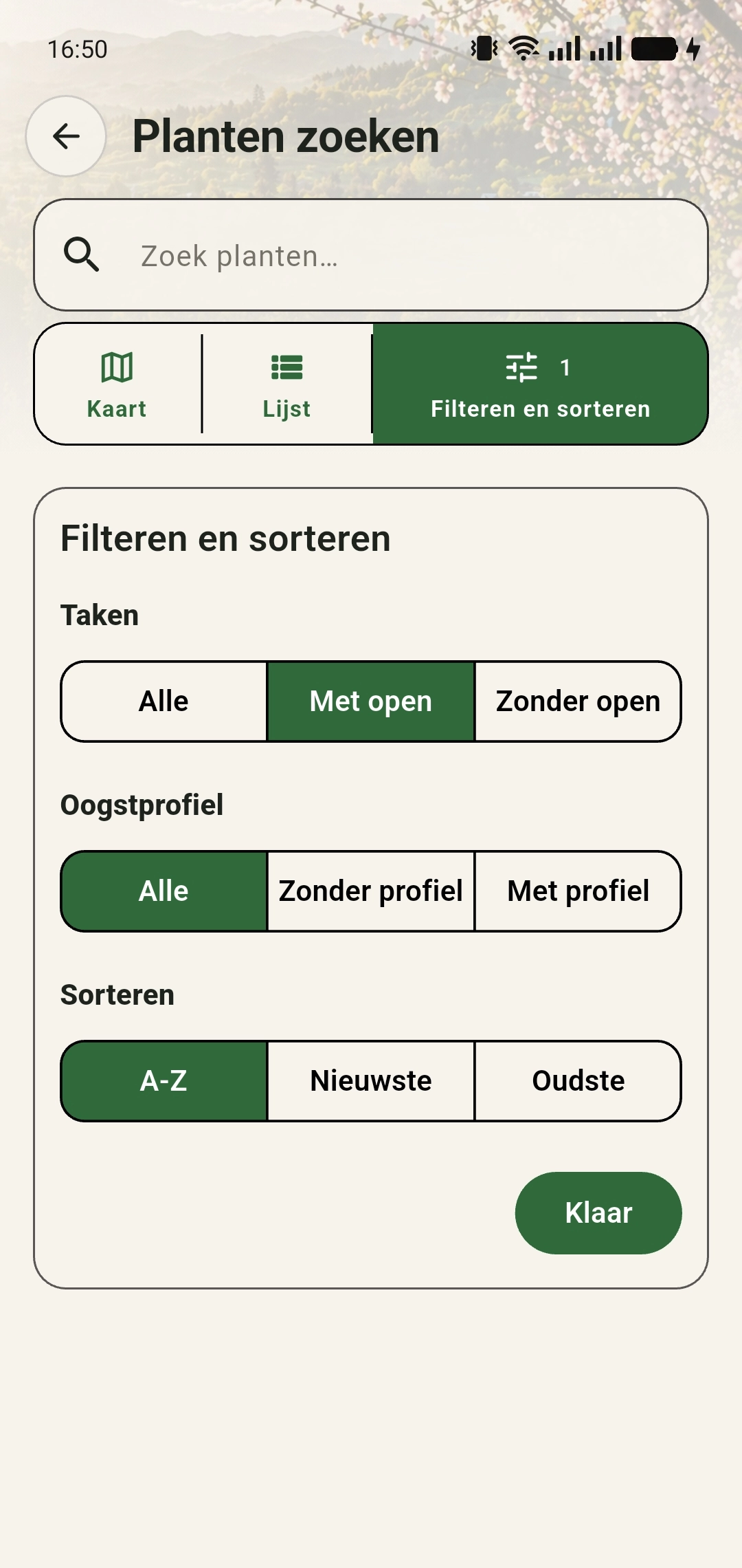 Filteren en sorteren met Met open geselecteerd bij Taken, Alle bij Oogstprofiel en A-Z bij Sorteren