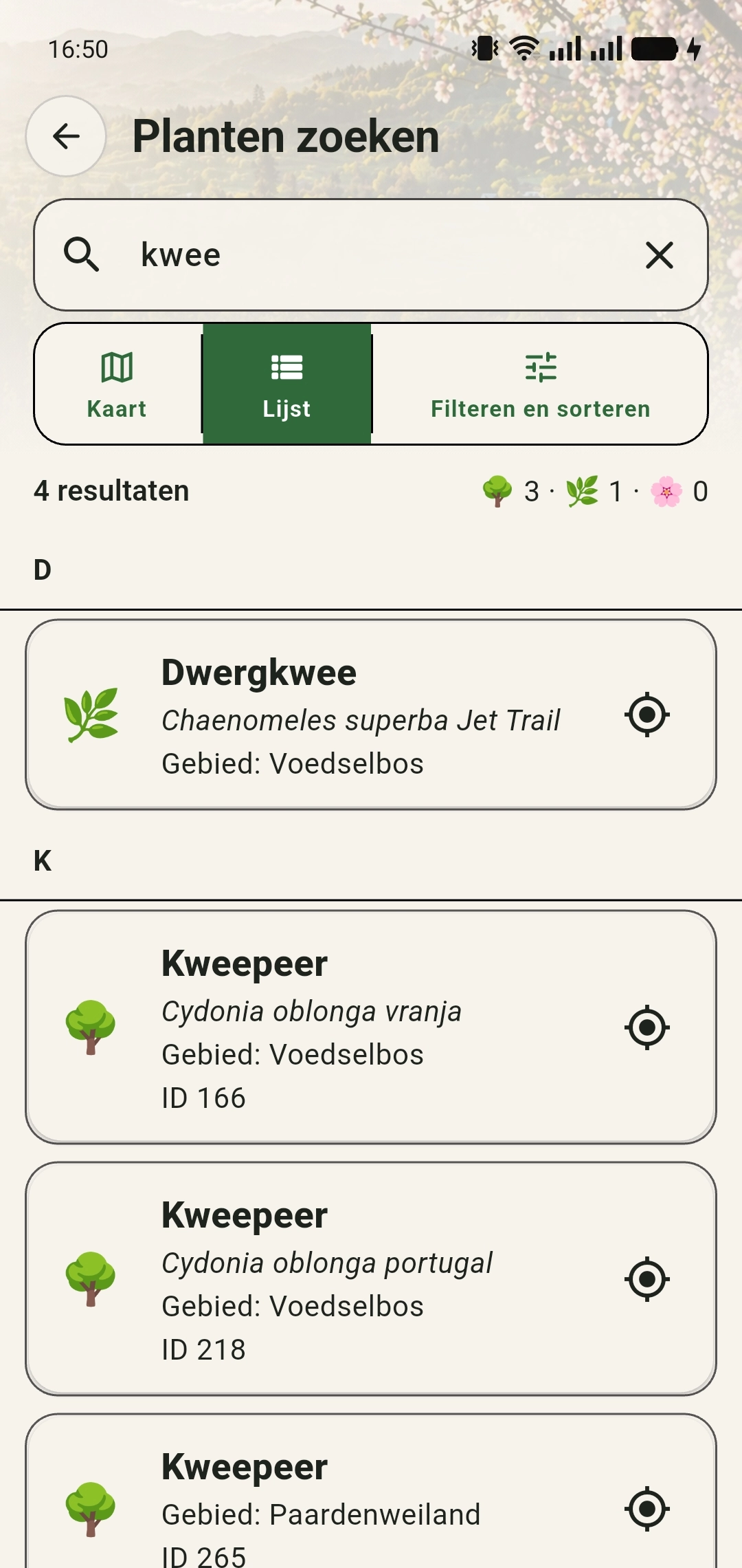 De plantenlijst met de zoekterm kwee en vier overeenkomstige resultaten