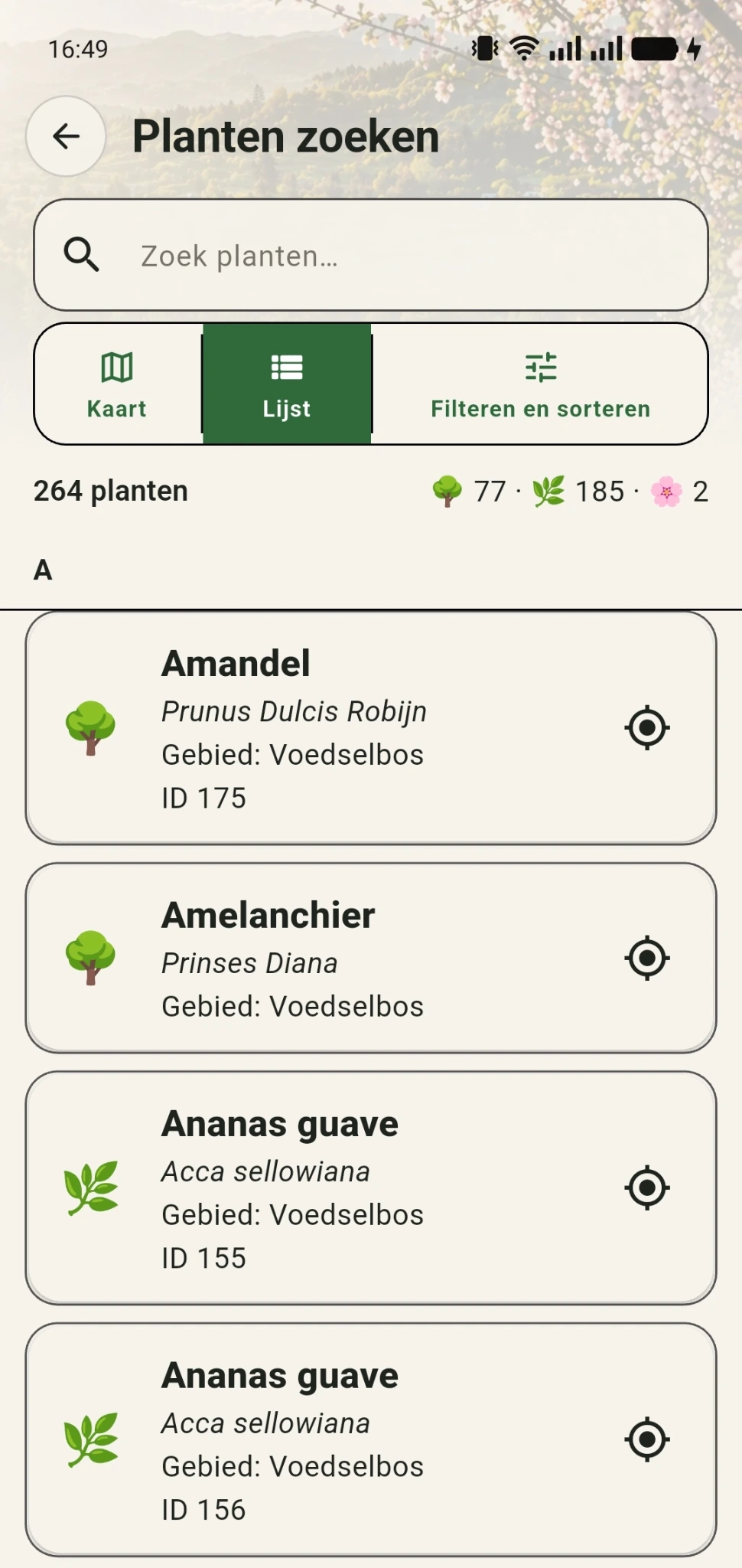 Alfabetische plantenlijst met onder meer Amandel, Amelanchier en Ananas guave en een richticoon achter iedere plant