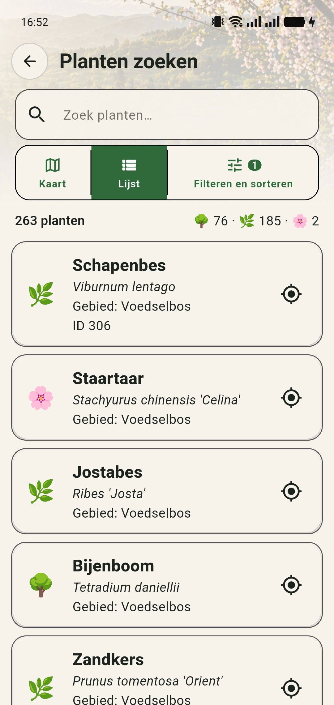 Plantenlijst die is gesorteerd met de nieuwste aanplant bovenaan