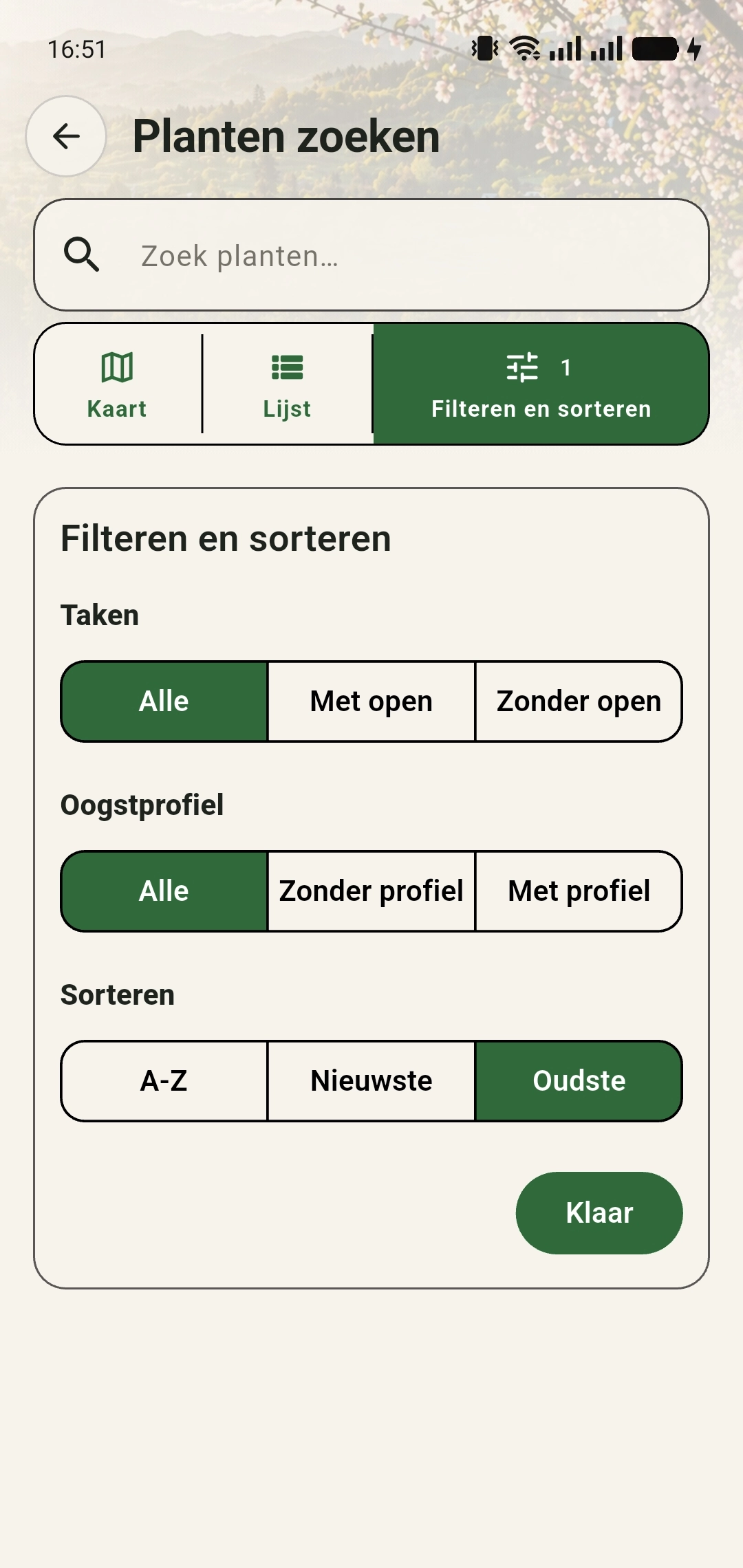Filtermenu met de sorteeroptie Oudste geselecteerd