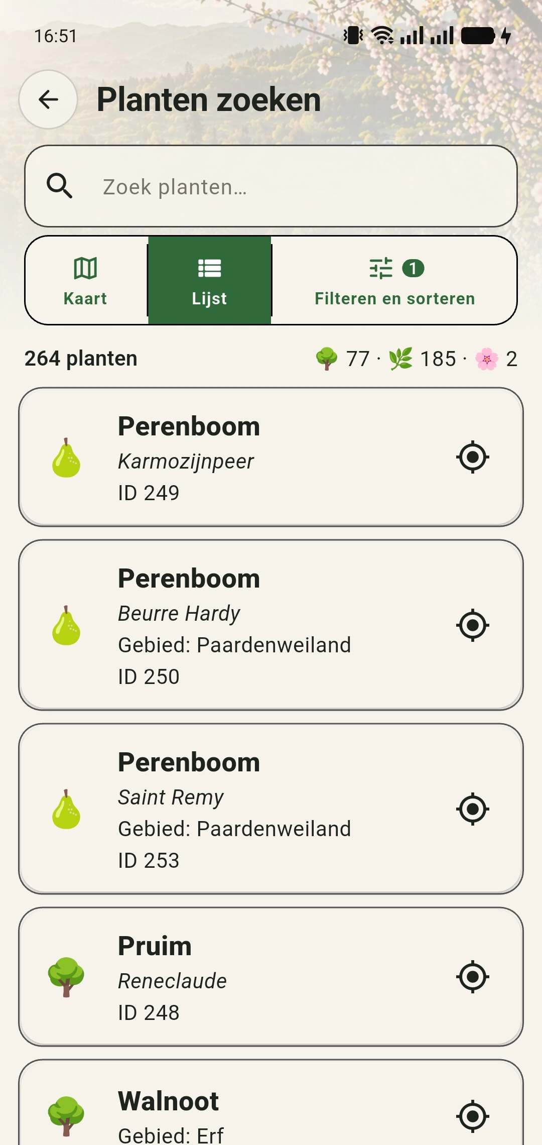 Plantenlijst die is gesorteerd met de oudste aanplant bovenaan