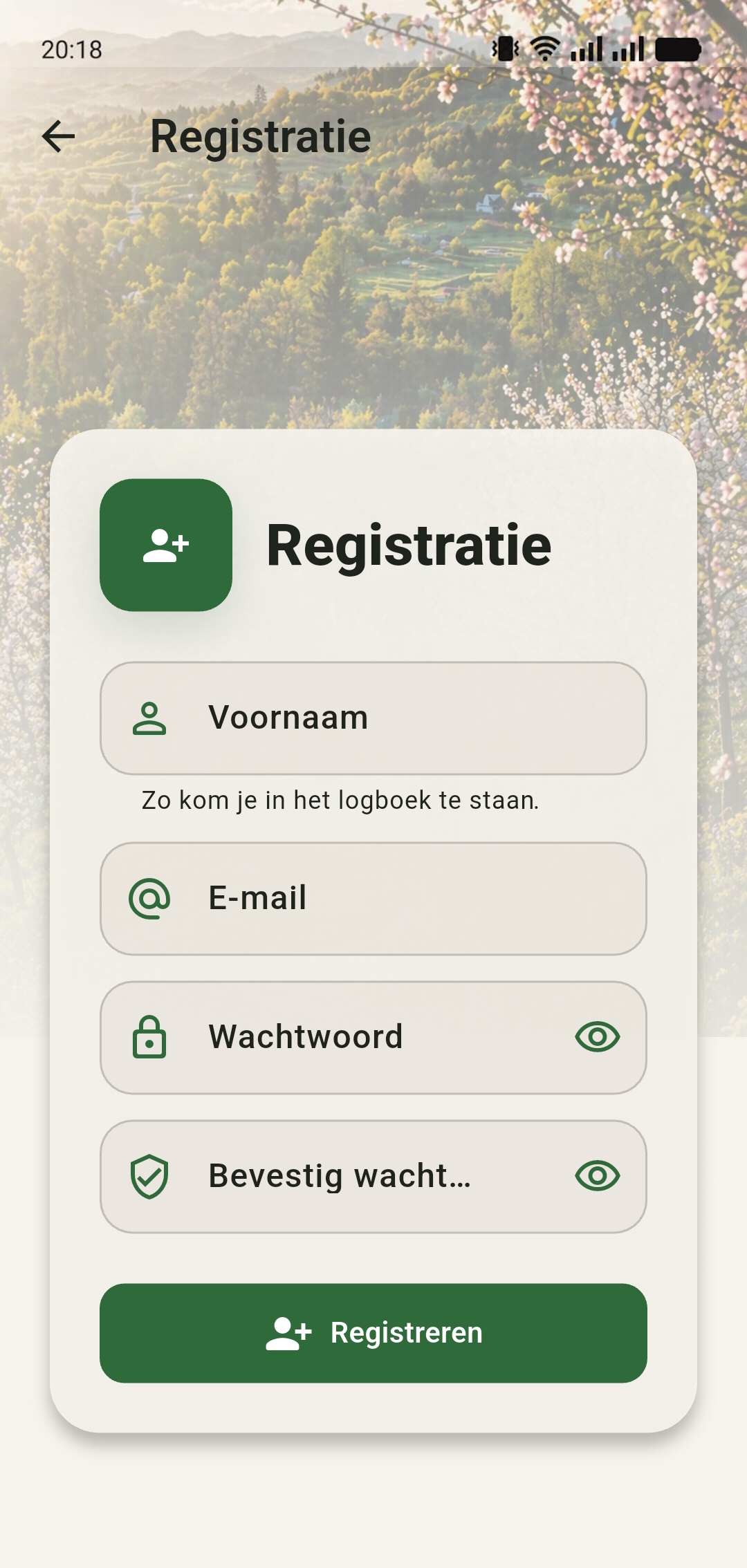 Registratiescherm van GreenPlot om eerst een account aan te maken