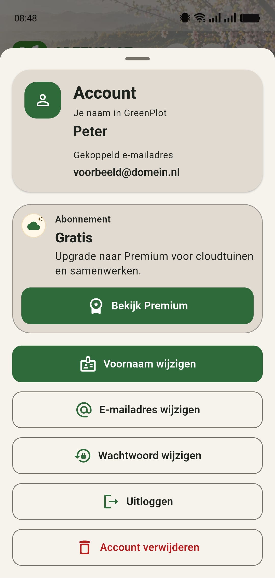 GreenPlot accountmenu met naam, e-mailadres en accountopties