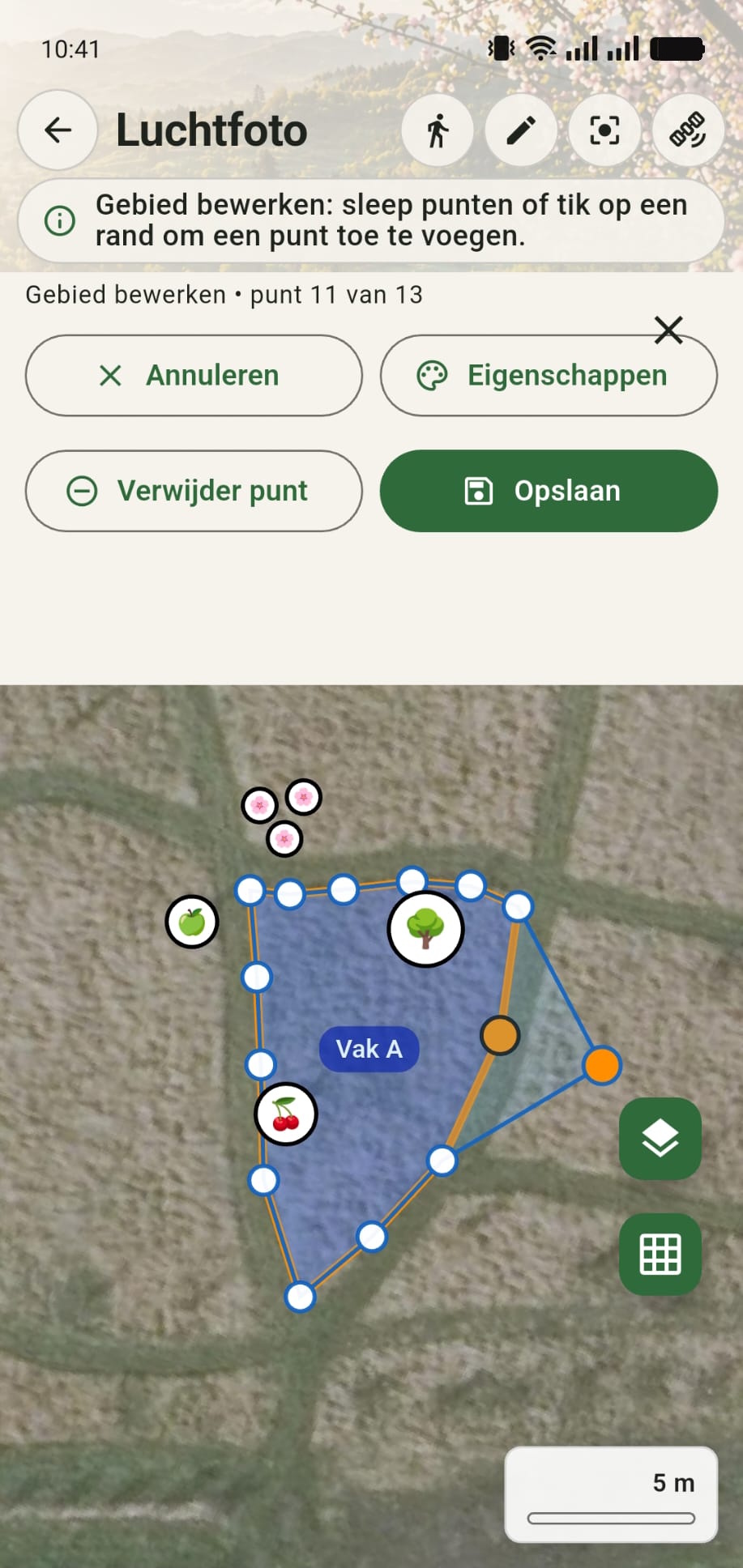 GreenPlot canvas waarop de vorm van een gebied wordt aangepast door een punt te verslepen