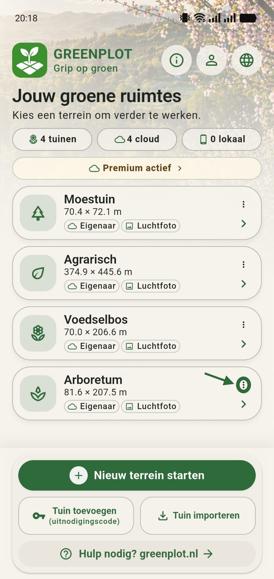 GreenPlot homescreen met het extra opties menu van een tuinkaart groen omcirkeld
