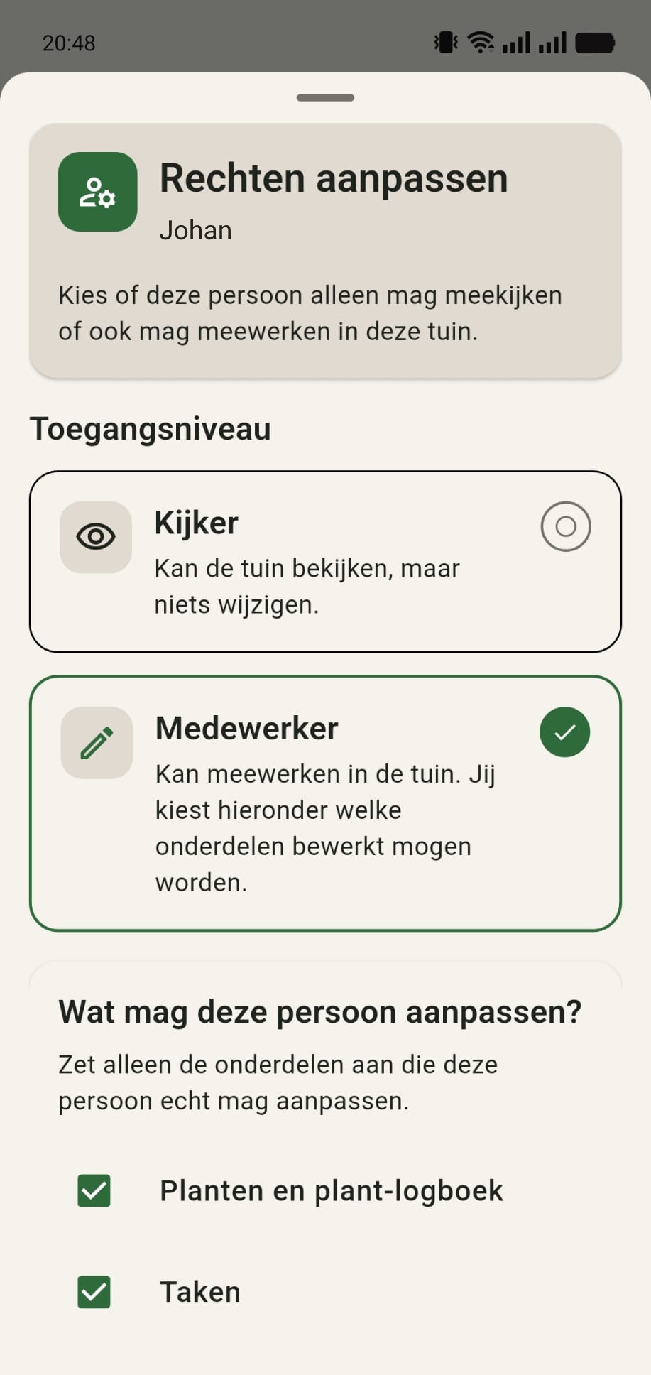 Scherm voor het aanpassen van de rechten van Johan, momenteel medewerker