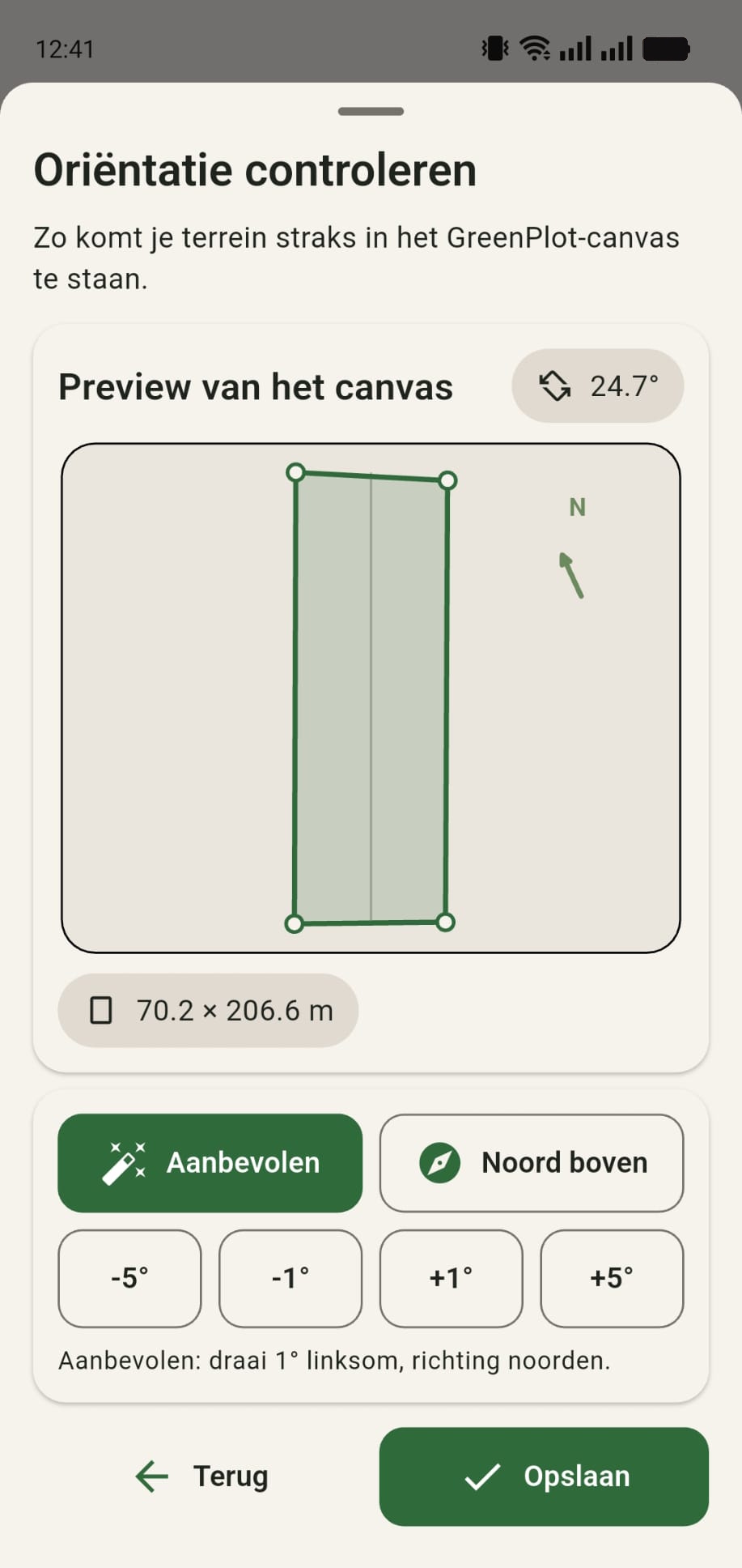 Oriëntatie en rotatie van een GreenPlot-terrein zodat het goed in het canvas komt