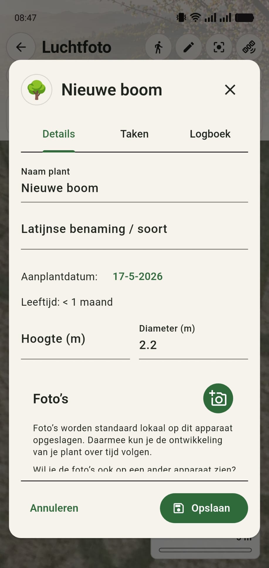 GreenPlot plantdetailsmenu met standaardwaarden die nog aangepast kunnen worden